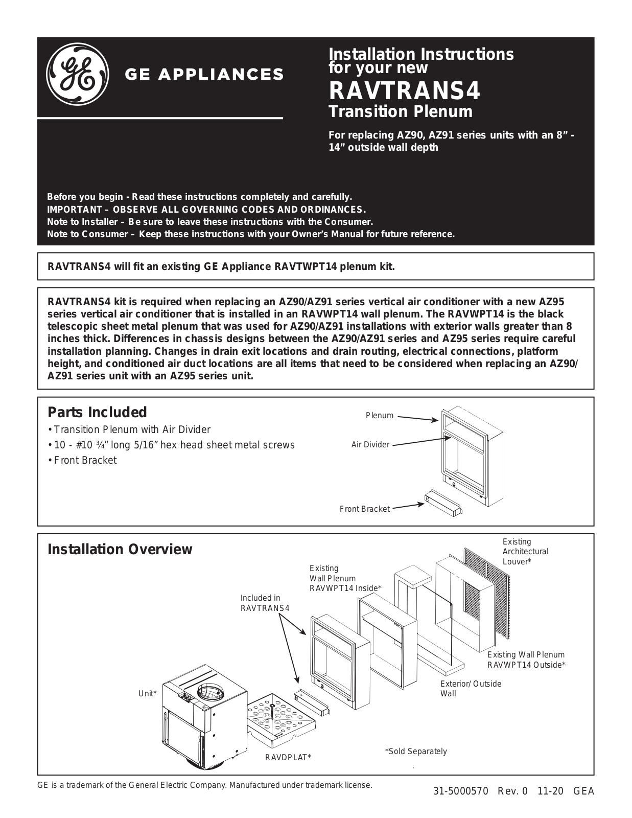 GE RAVTRANS4 Installation Instructions