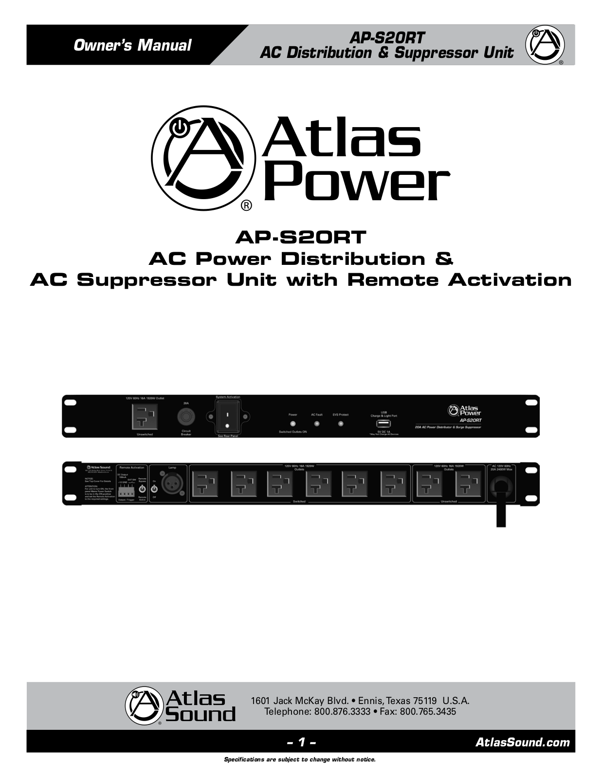 Atlas AP-S20RT Owner's Manual