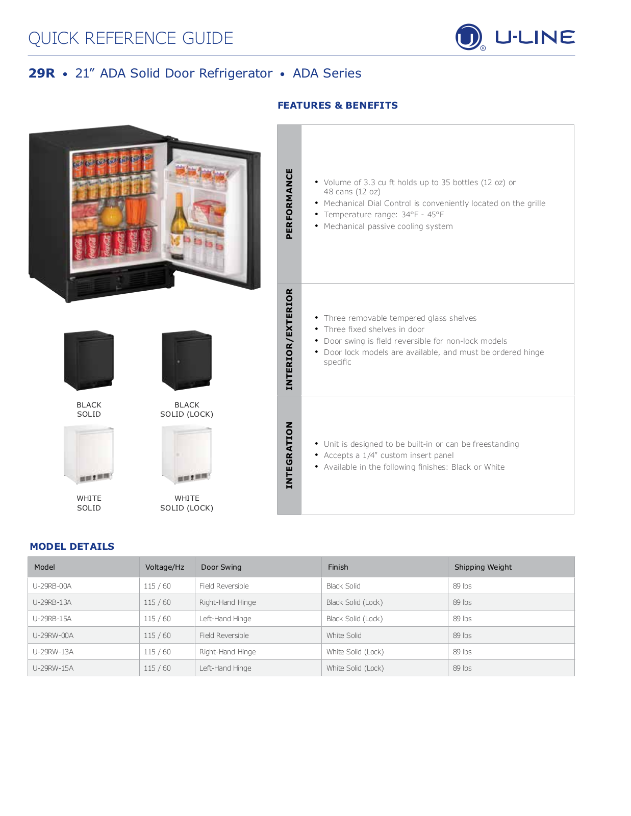 U-Line U29RB15A, U29RW00A, U29RW15A, U29RB13A PRODUCT SPECIFICATIONS