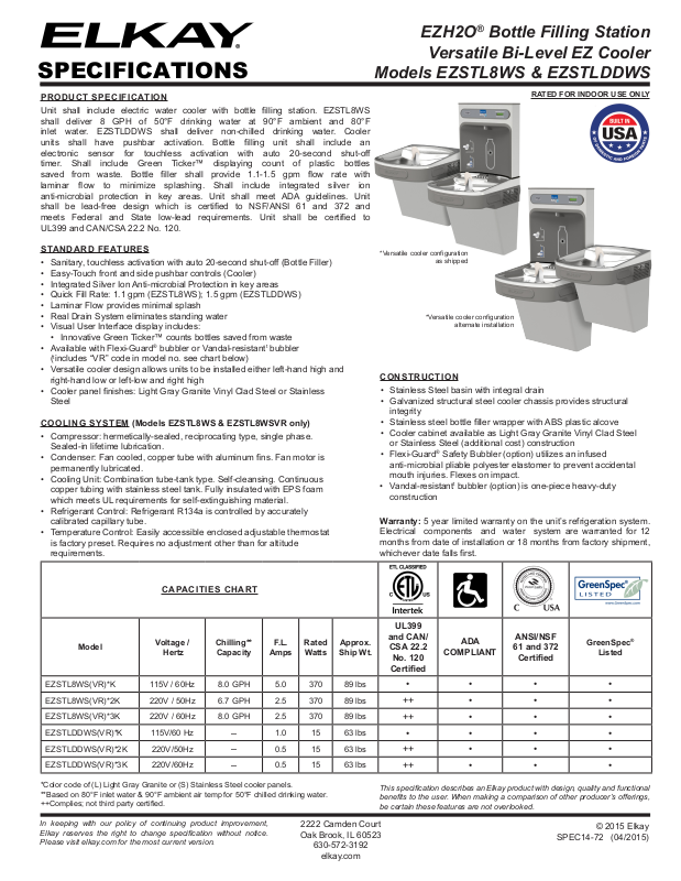 Elkay EZSTL8WS, EZSTLDDWS User Manual