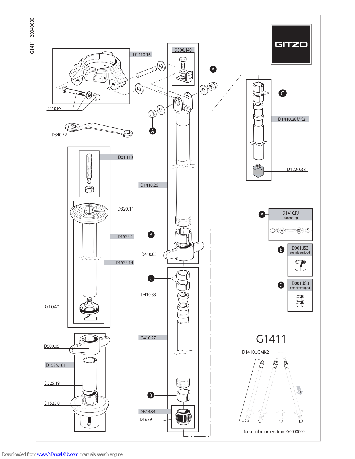 Gitzo Classic Pro Studex Mk2 G1411 G1411 Parts List