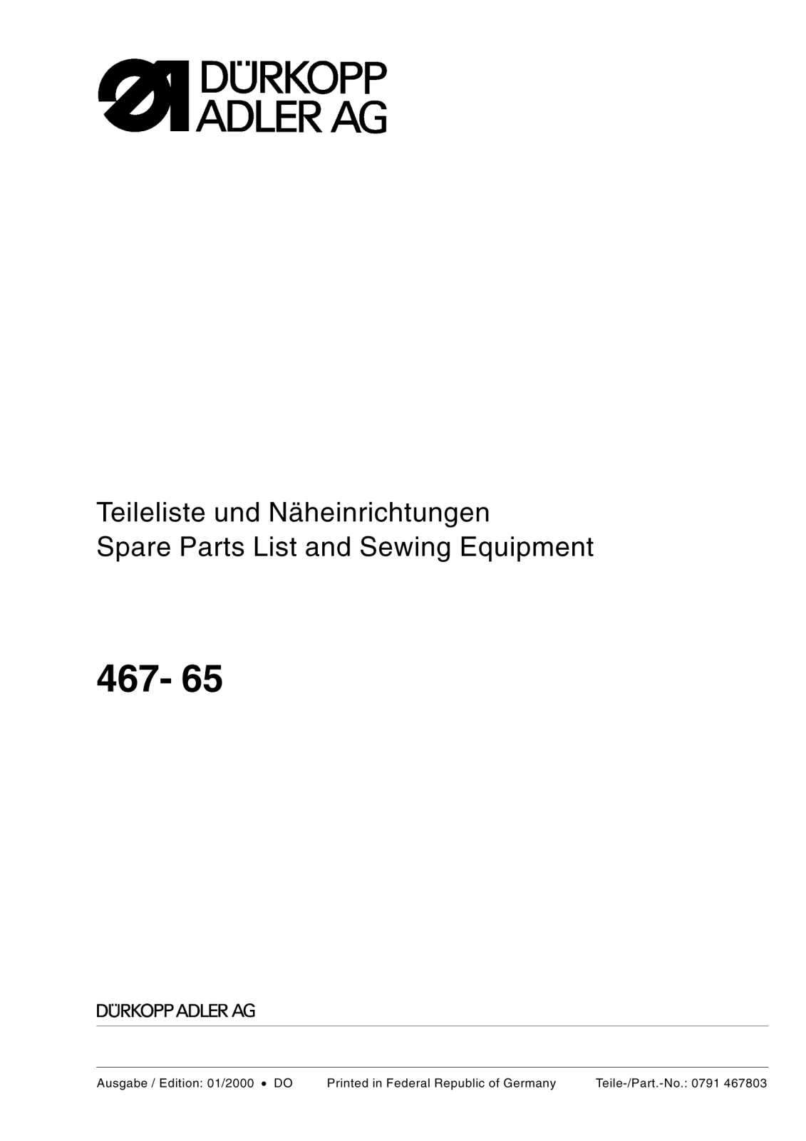 Dürkopp Adler 467-65 Parts List