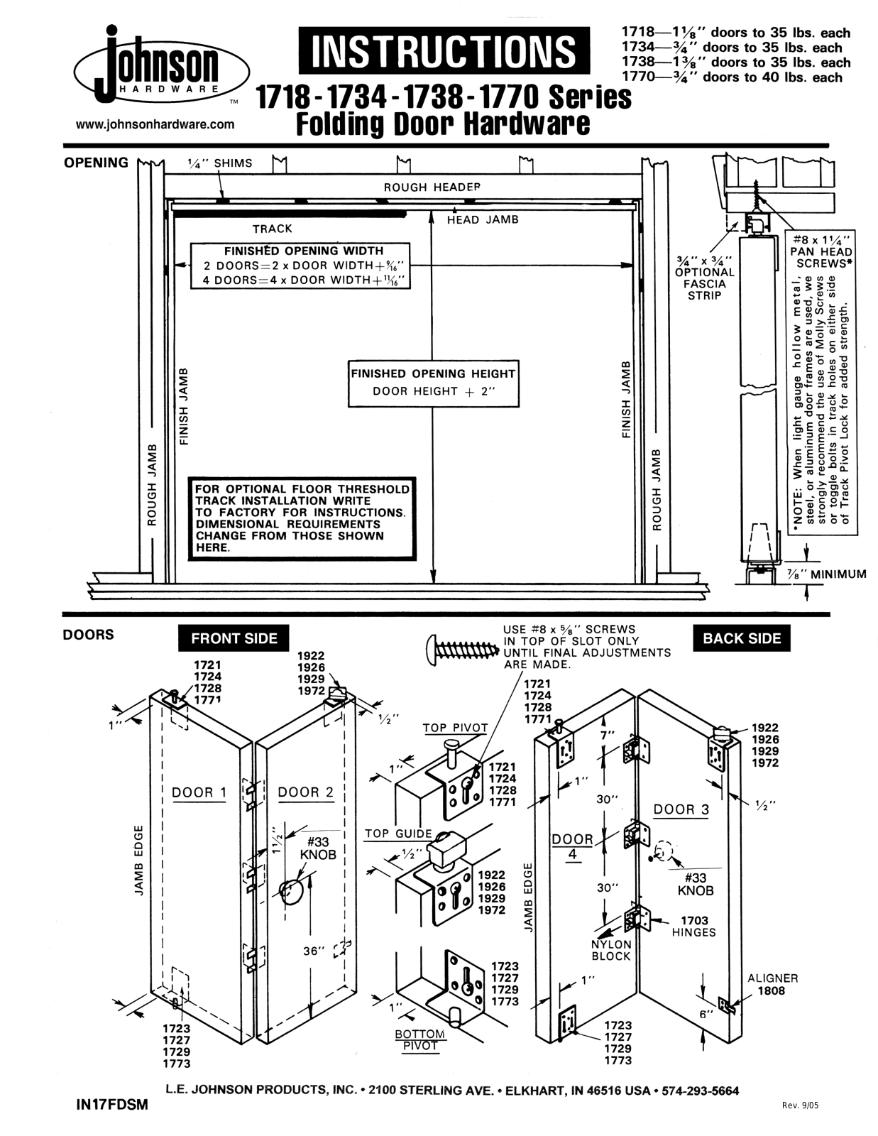 Johnson Hardware 1718, 1734, 1700SM, 1770, IN17FDSM User Manual