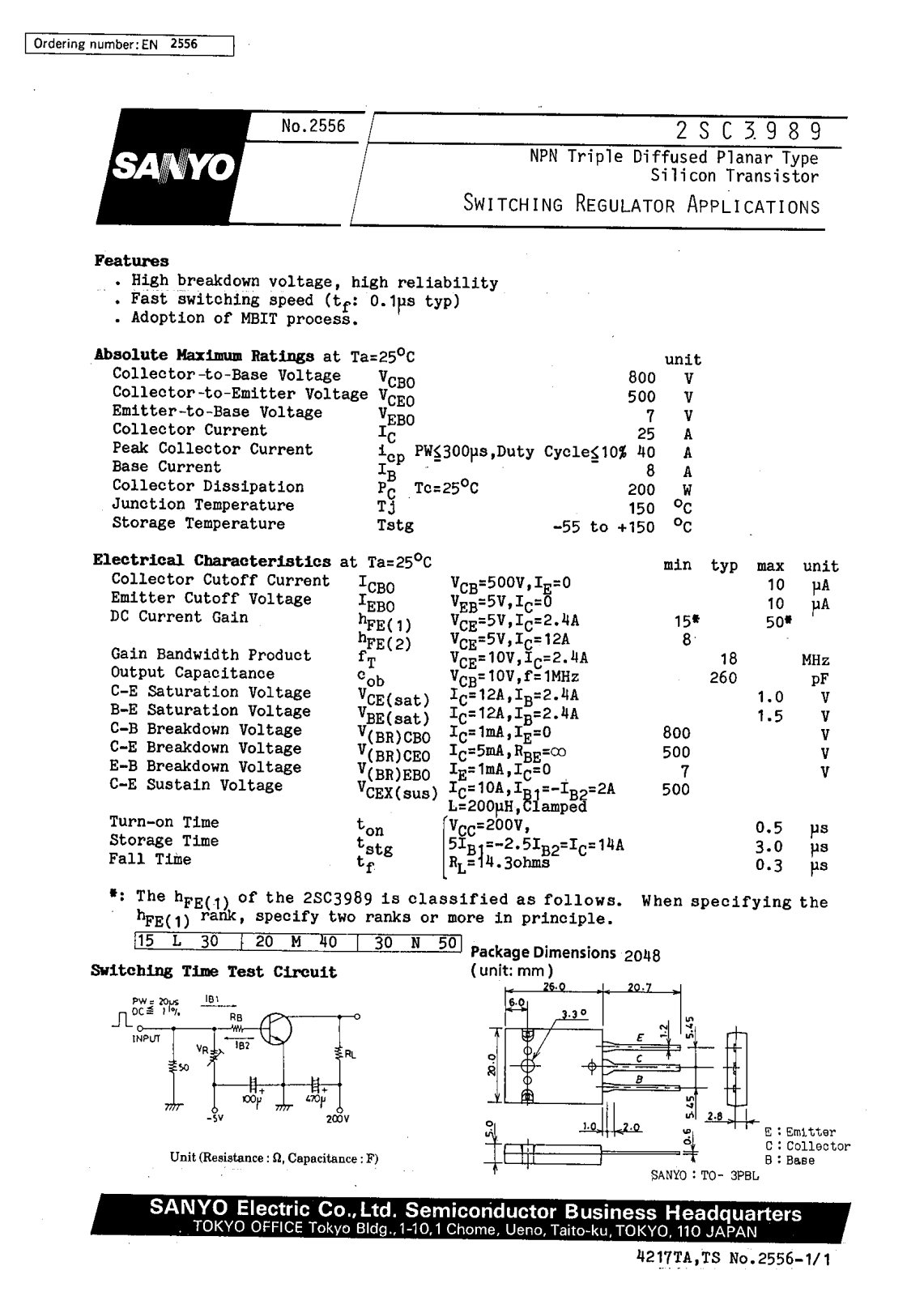 SANYO 2SC3989 Datasheet