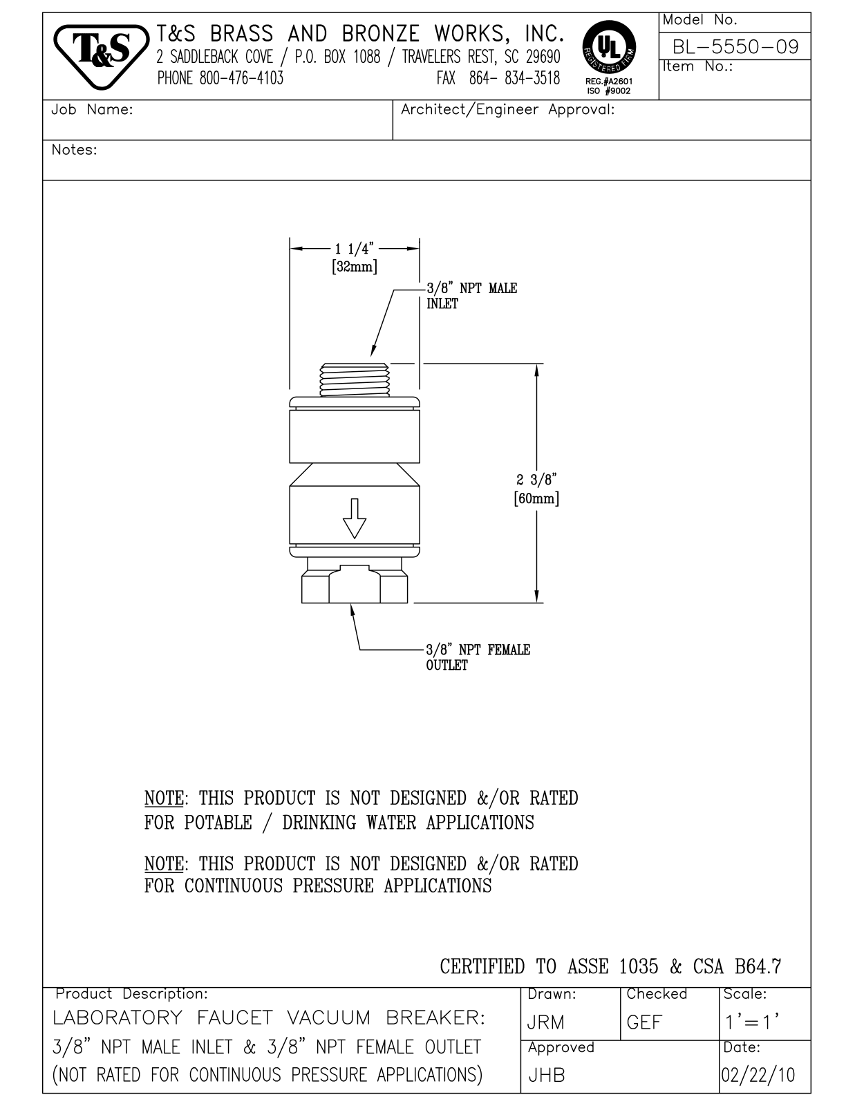 T & S Brass & Bronze Works BL-5550-09 General Manual