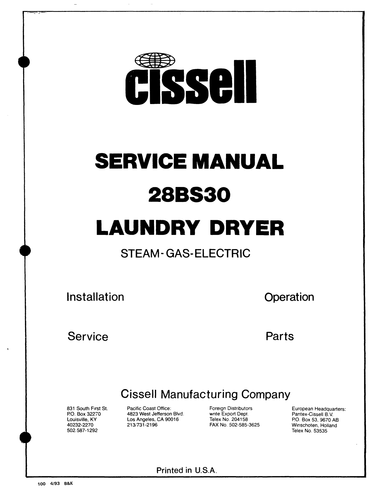 Cissell 28BS30 Service Manual