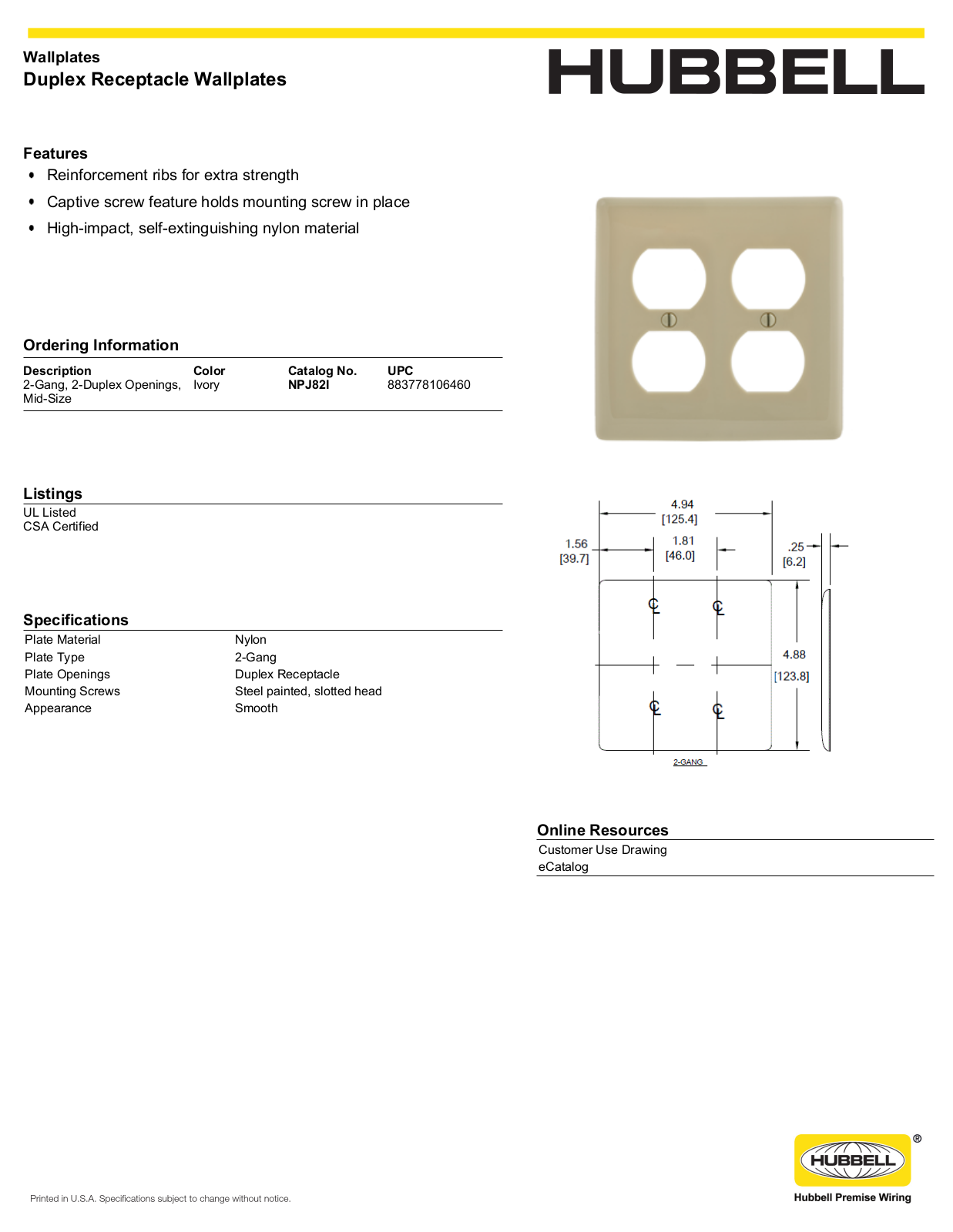 Hubbell NPJ82I Specifications