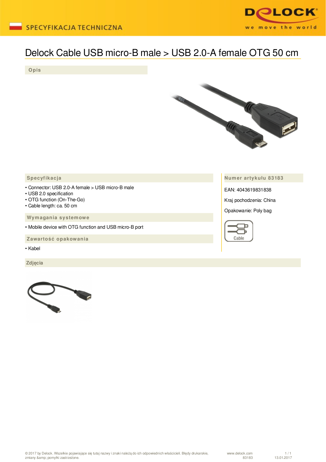 DeLOCK USB 2.0 micro-B  plug  to USB-A 2.0  socket User Manual