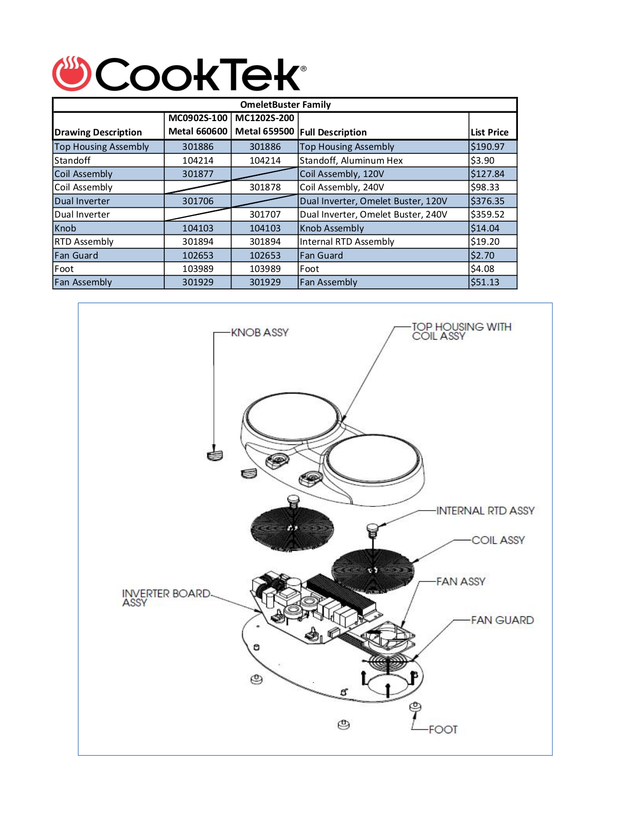 Cooktek MC1202S-200 Parts List