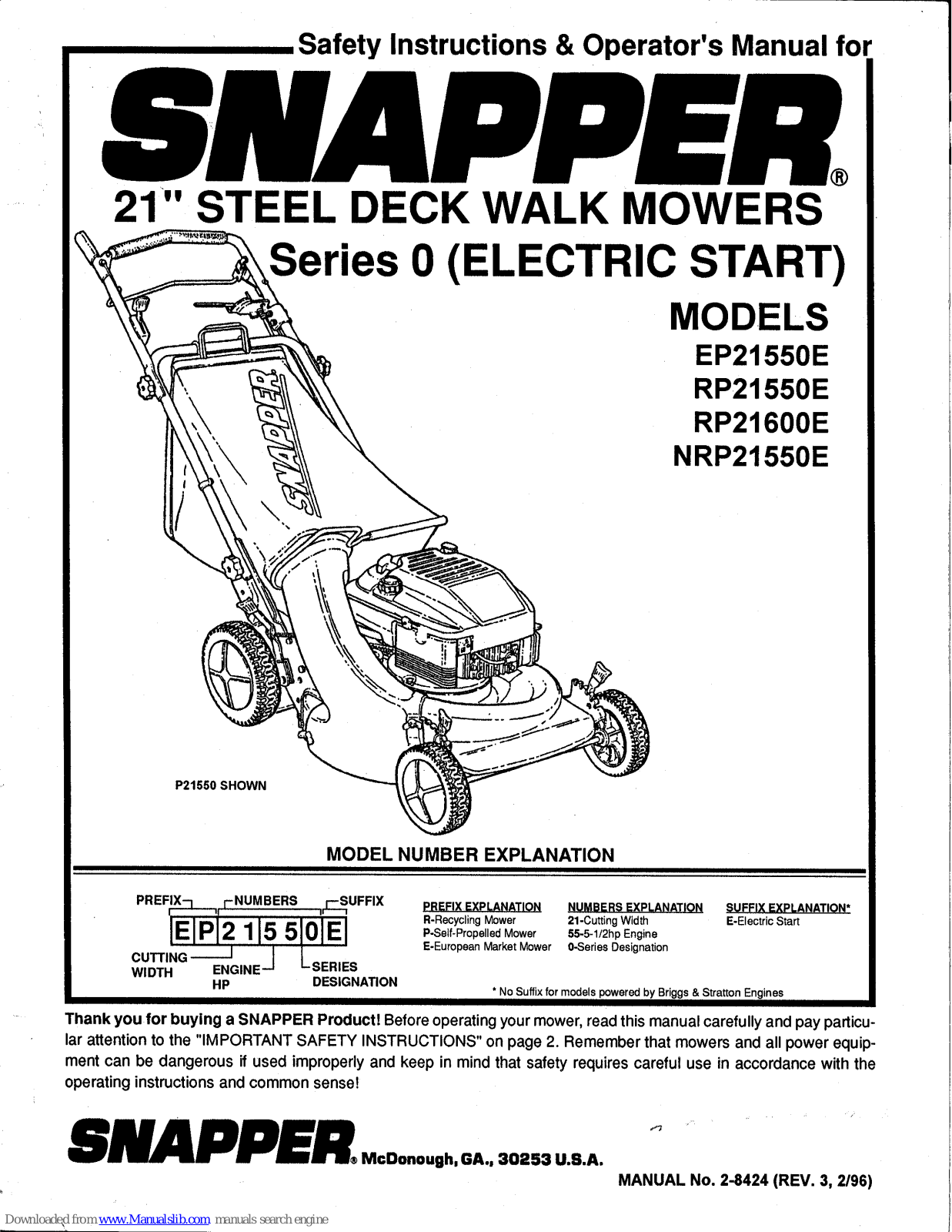 Snapper EP21550E,NRP21550E,RP21550E,RP21600E Safety Instructions & Operator's Manual