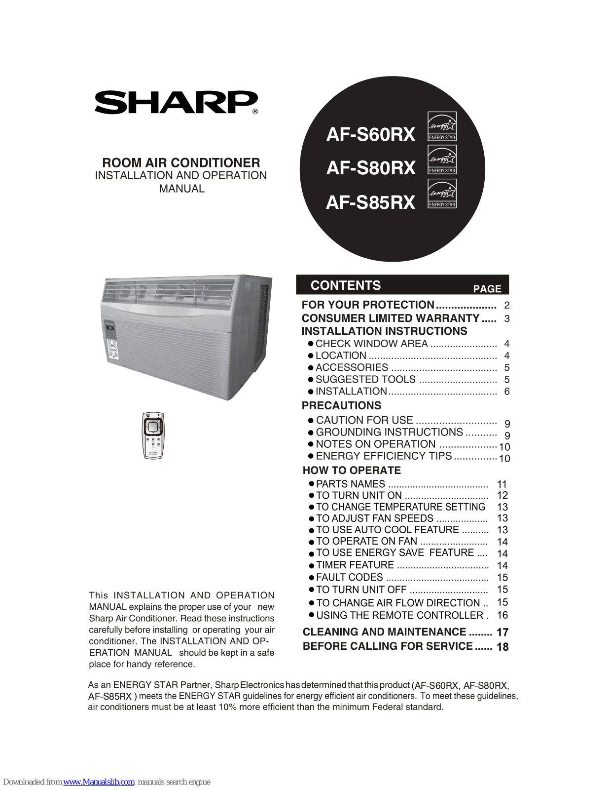 Sharp AF-S60RX,AF-S80RX,AF-S85RX,AF-S80MX - 8-000 BTU Mid-Size Room Air Conditioner Installation And Operation Manual