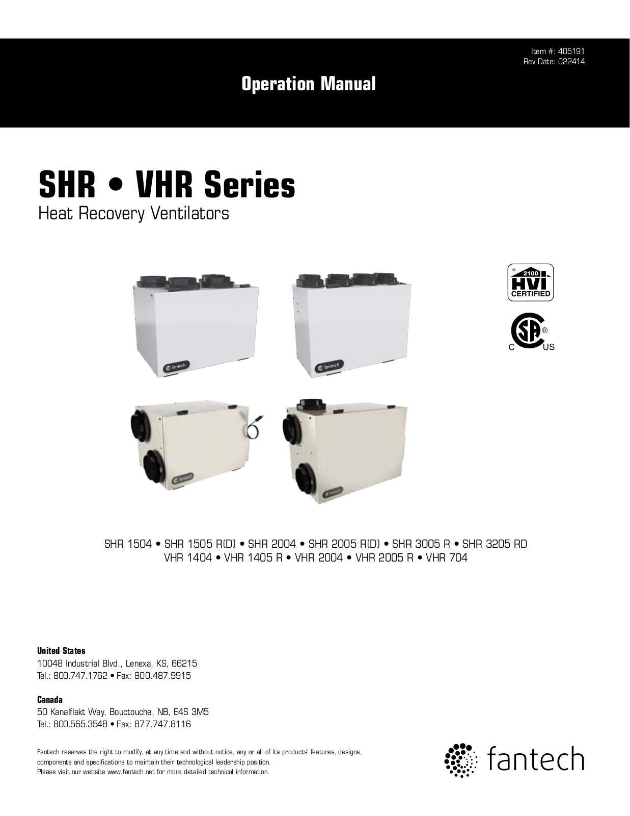 Fantech SHR 1505 D, SHR 3005 R, SHR 2004, SHR 2005 R, SHR 3205 RD Operation Manual