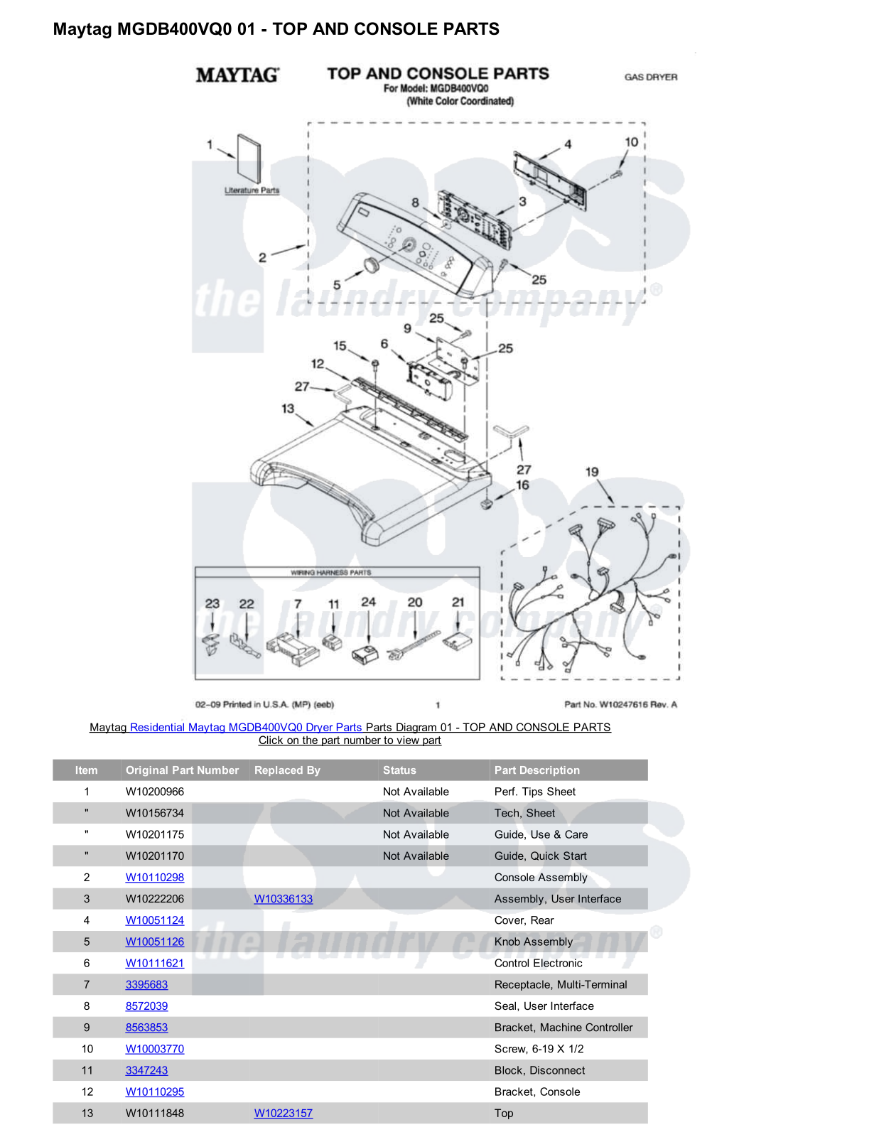 Maytag MGDB400VQ0 Parts Diagram