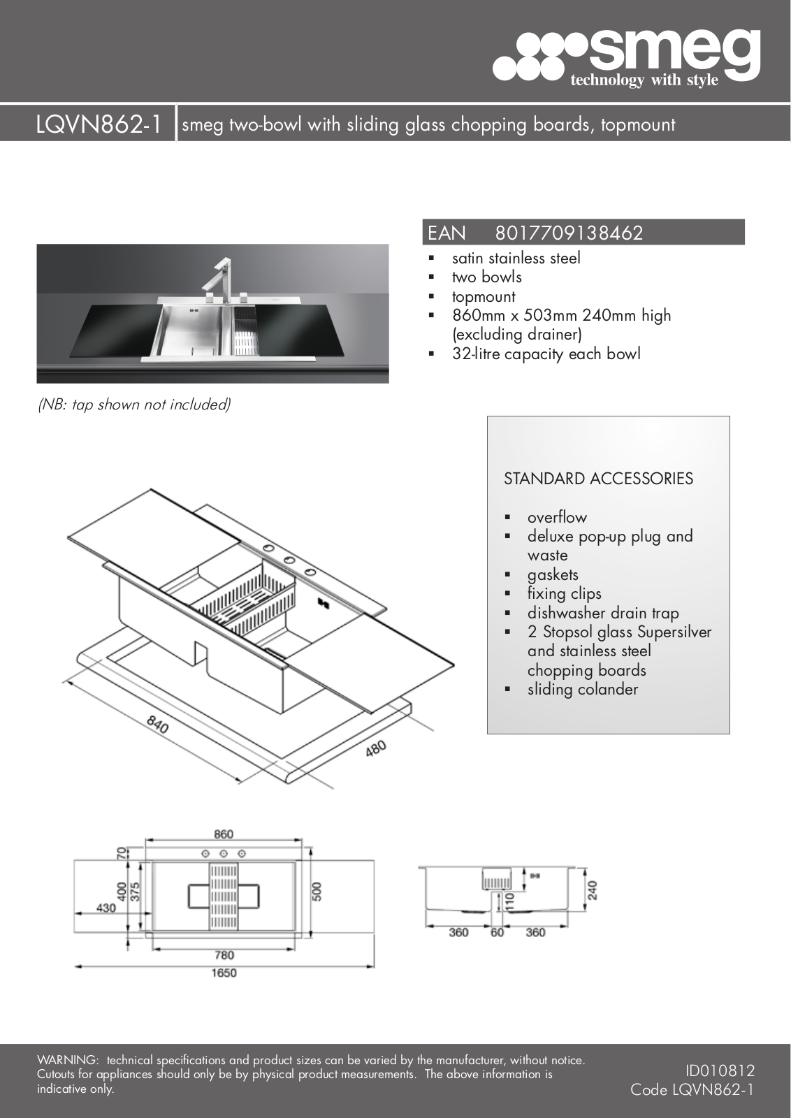 Smeg LQVN862-1 Specifications Sheet