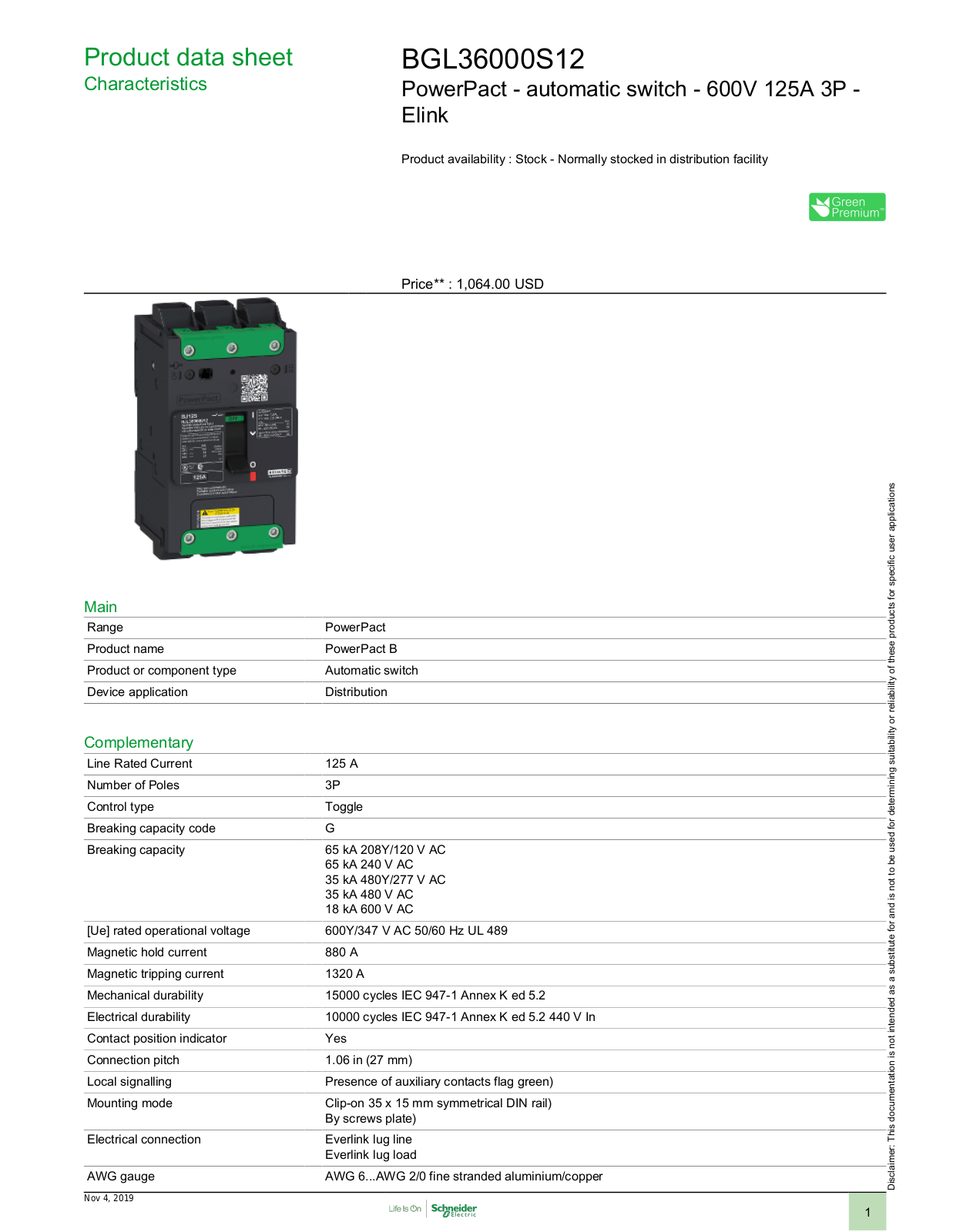 Square D BGL36000S12 Data Sheet