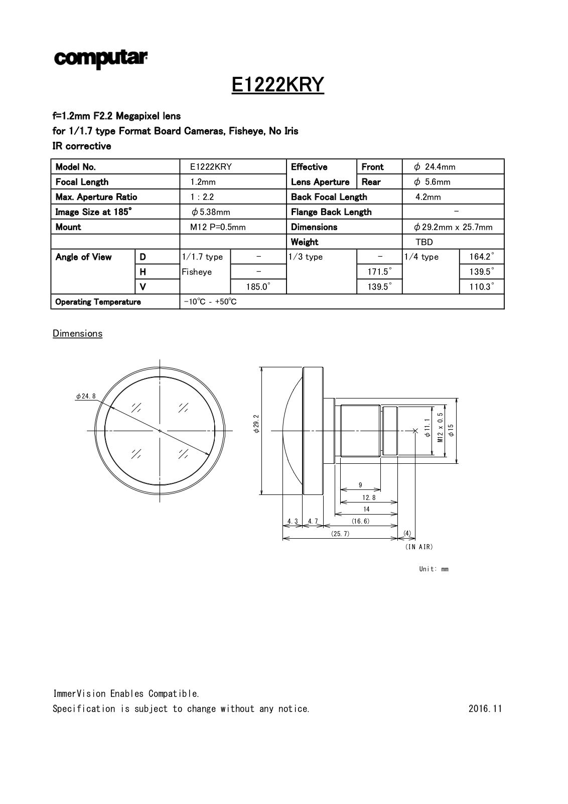 Computar E1222KRY Specsheet