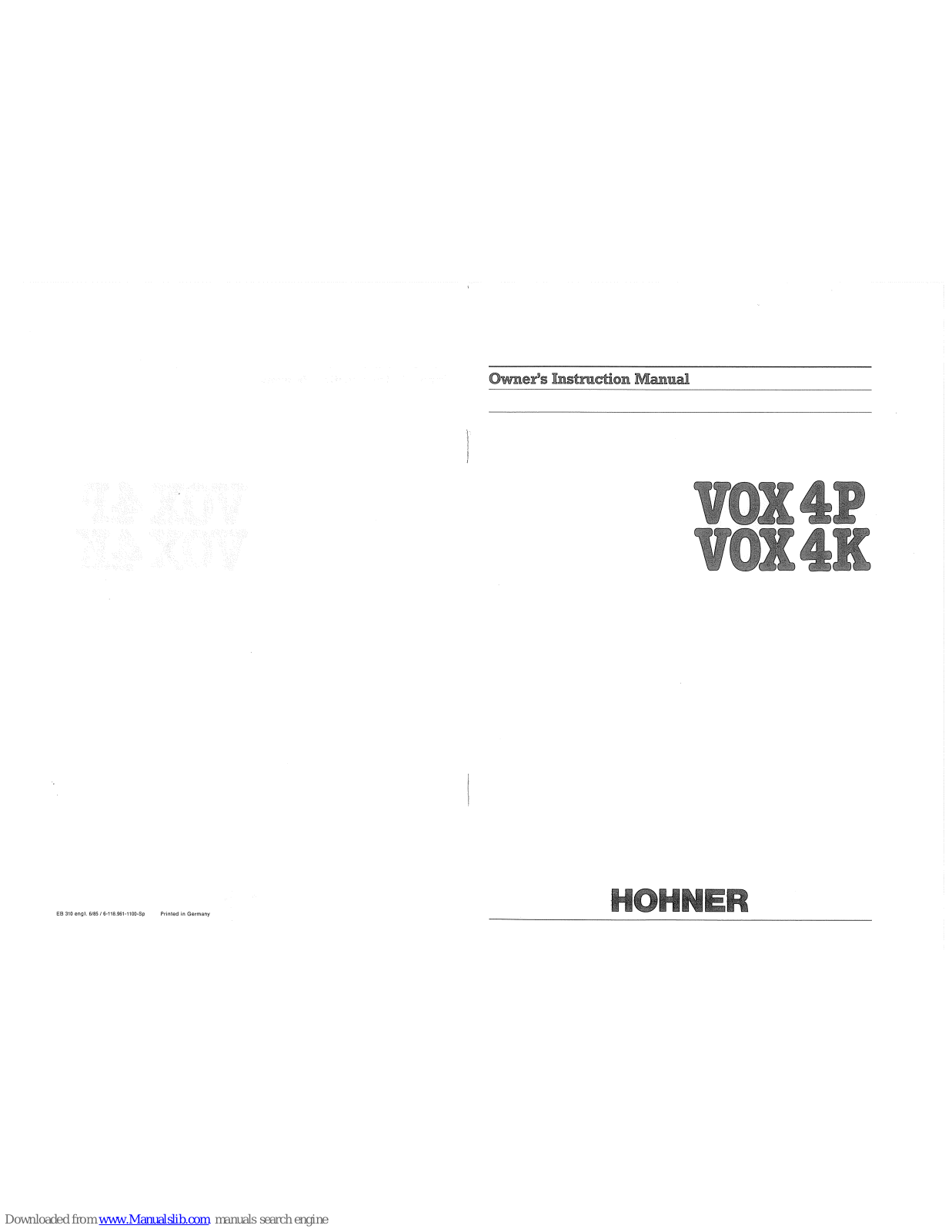 Hohner VOX 4P, VOX 4K Owner's Instructions Manual