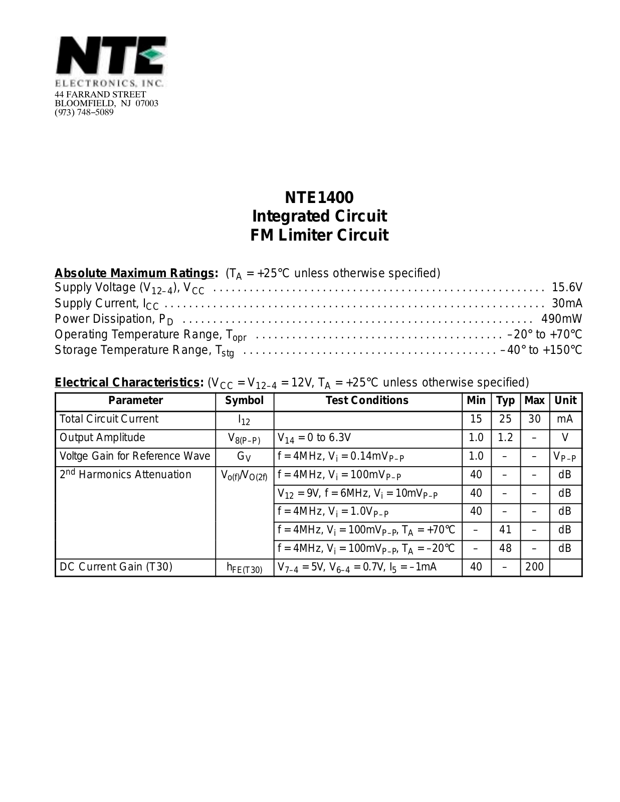 Datasheet NTE1400 Datasheet (NTE) - ManualMachine.com