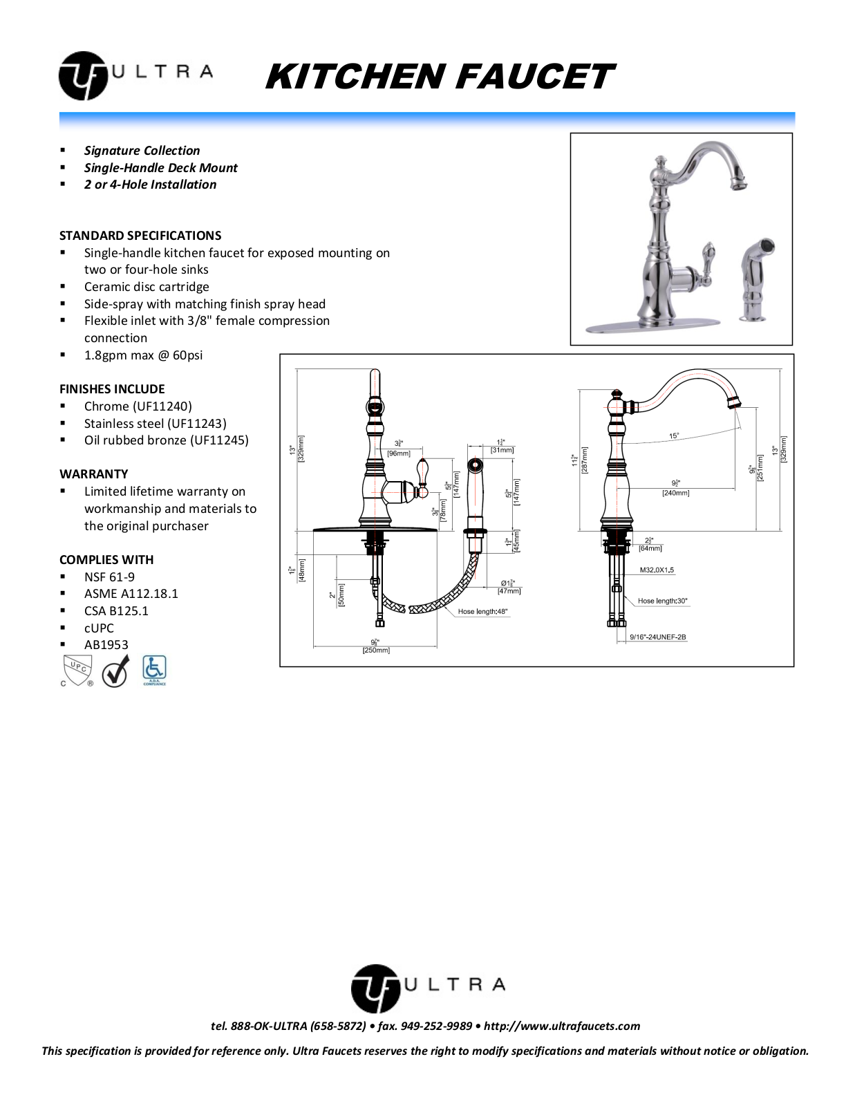 Ultra Faucets LTR1074 Specifications - ManualMachine.com