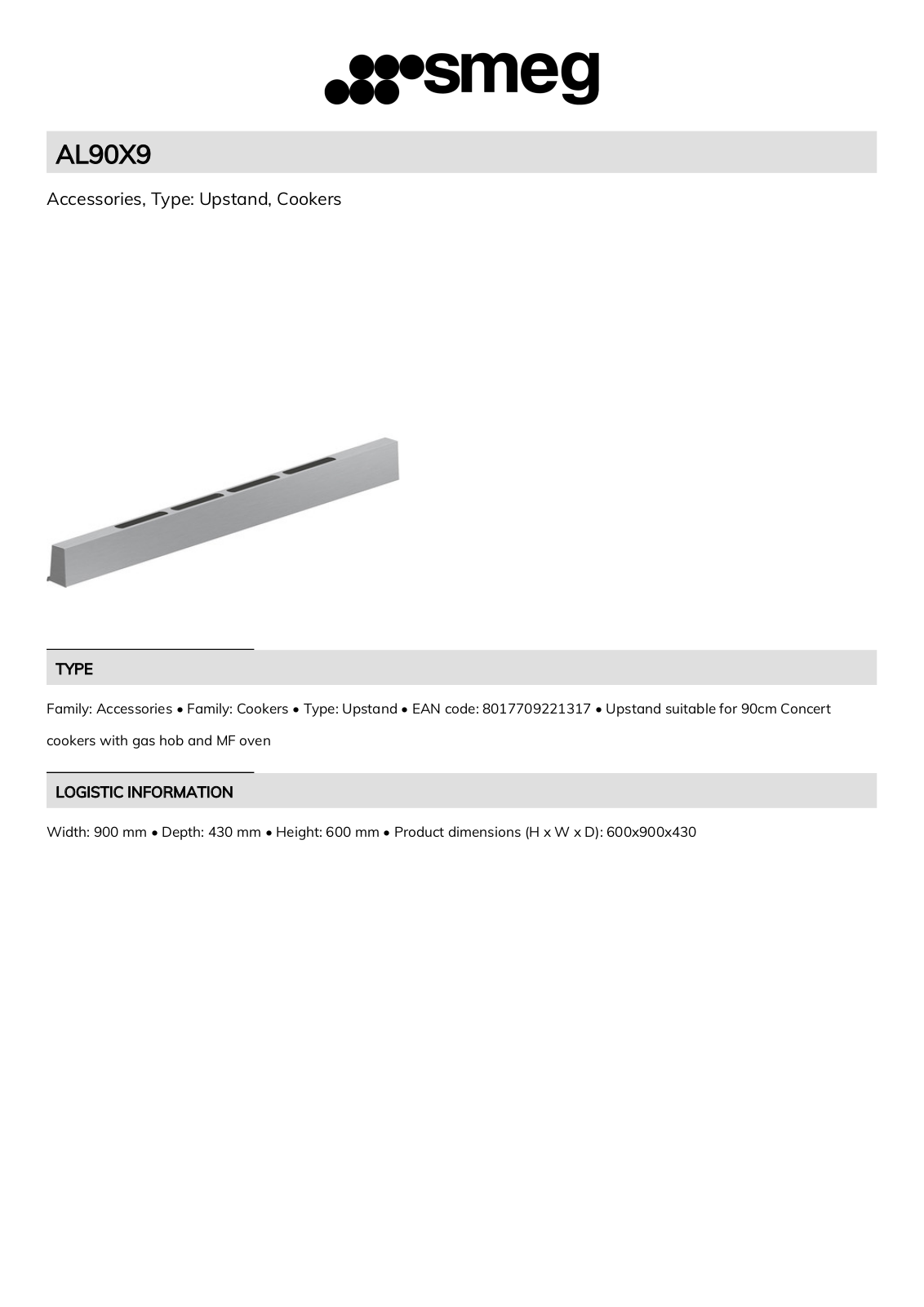 Smeg AL90X9 Technical sheet