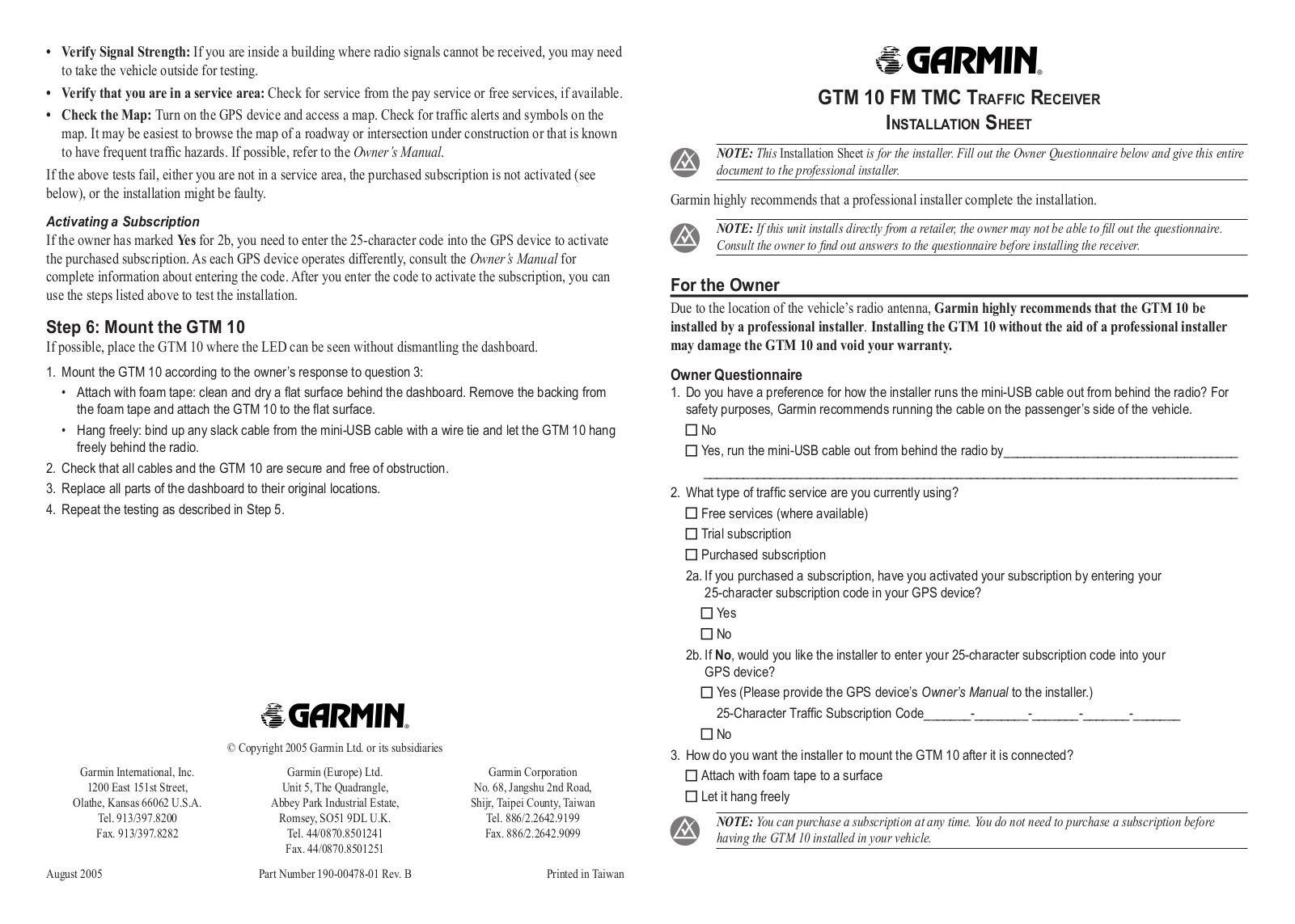 Garmin GTM 10 Quick Start Manual