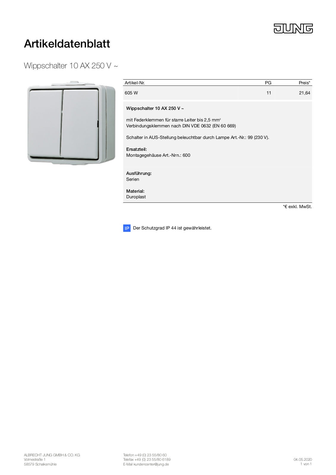 Jung 605 W Technical data