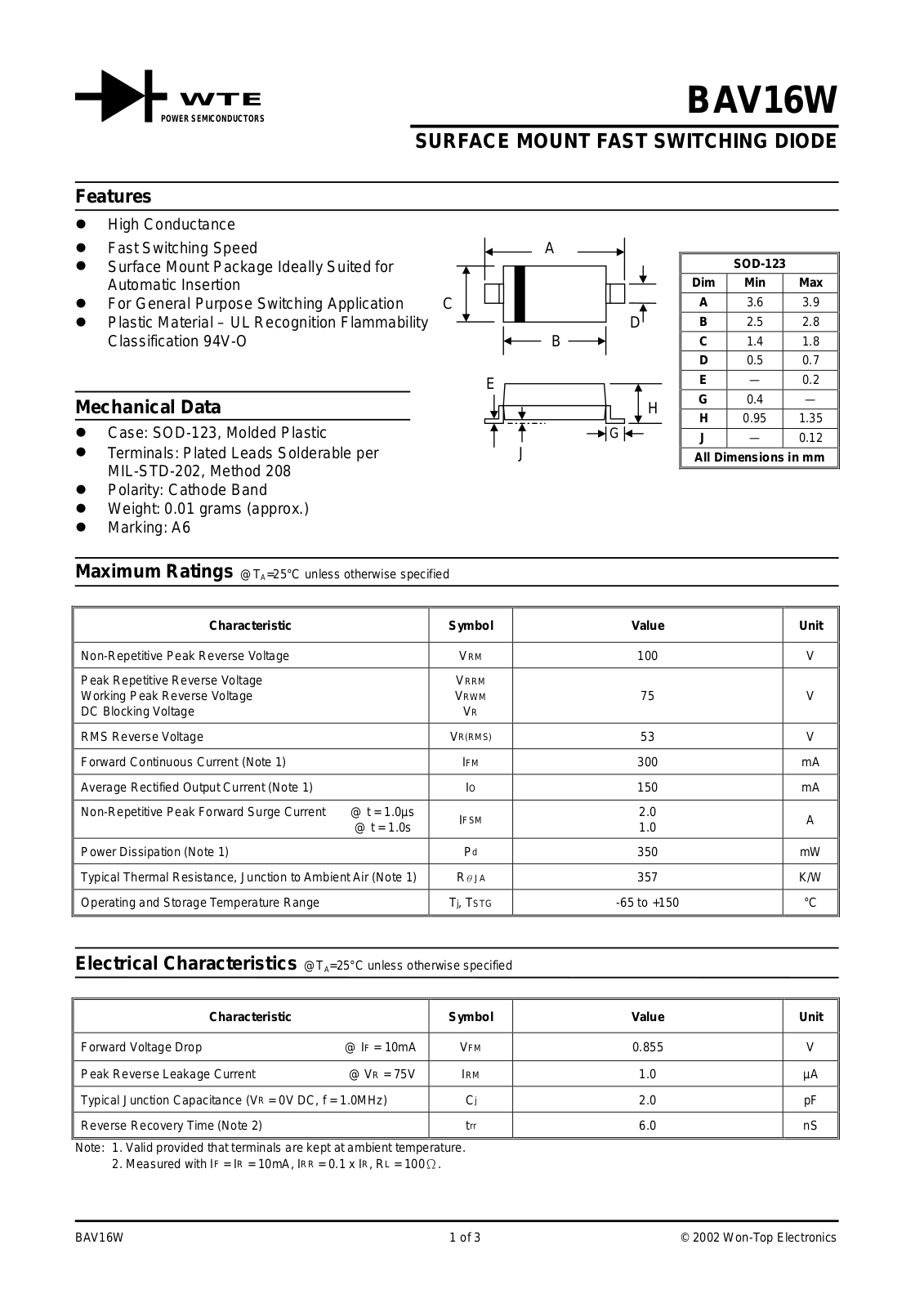 WTE BAV16W-T3, BAV16W-T1 Datasheet