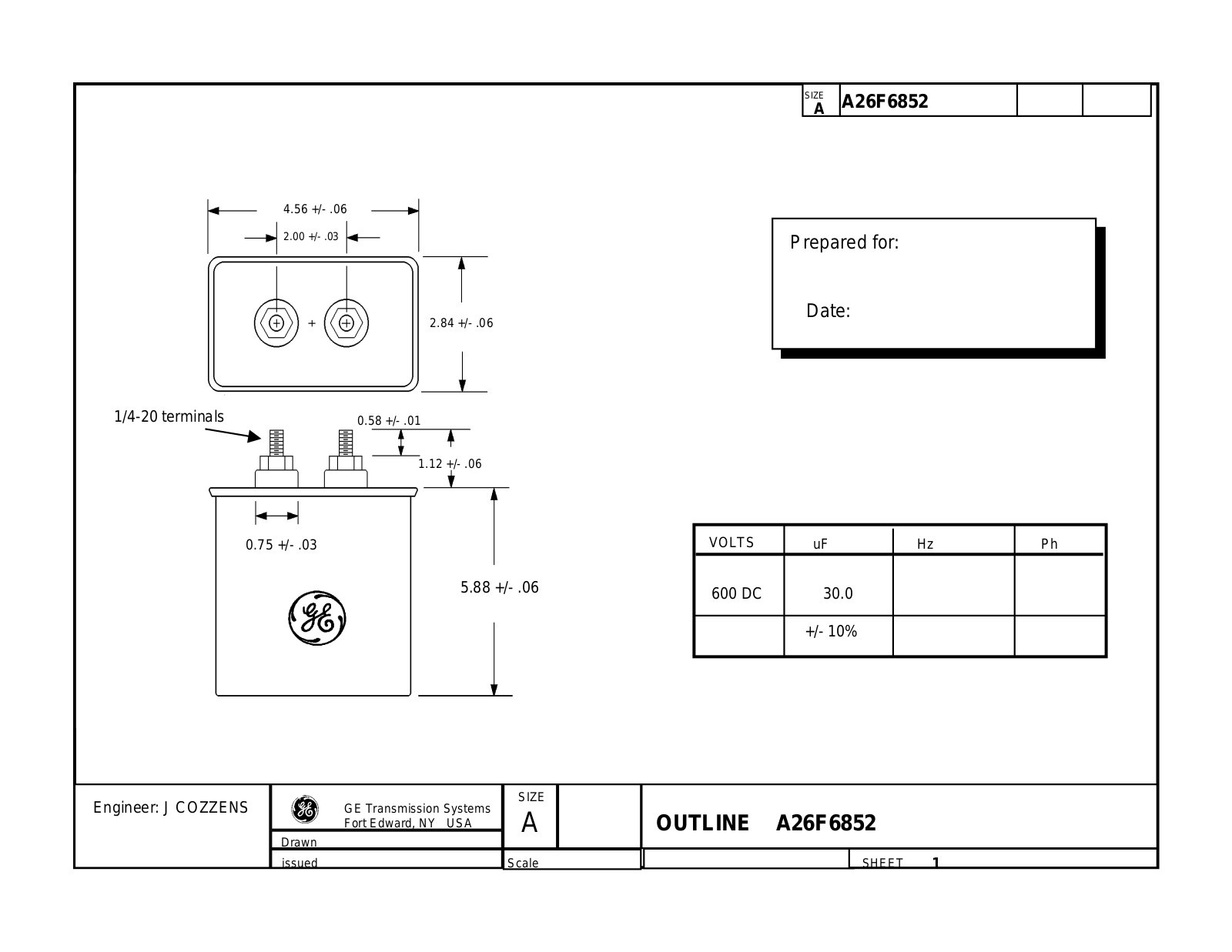 GE Capacitor A26F6852 Dimensional Sheet