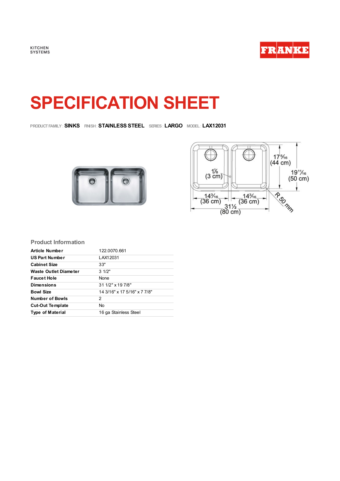 Franke Foodservice LAX12031 User Manual