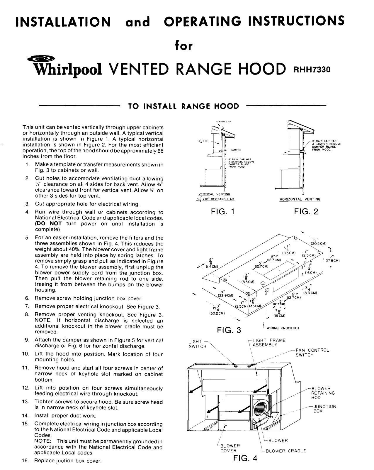 Whirlpool RHH7330 Installation Instructions