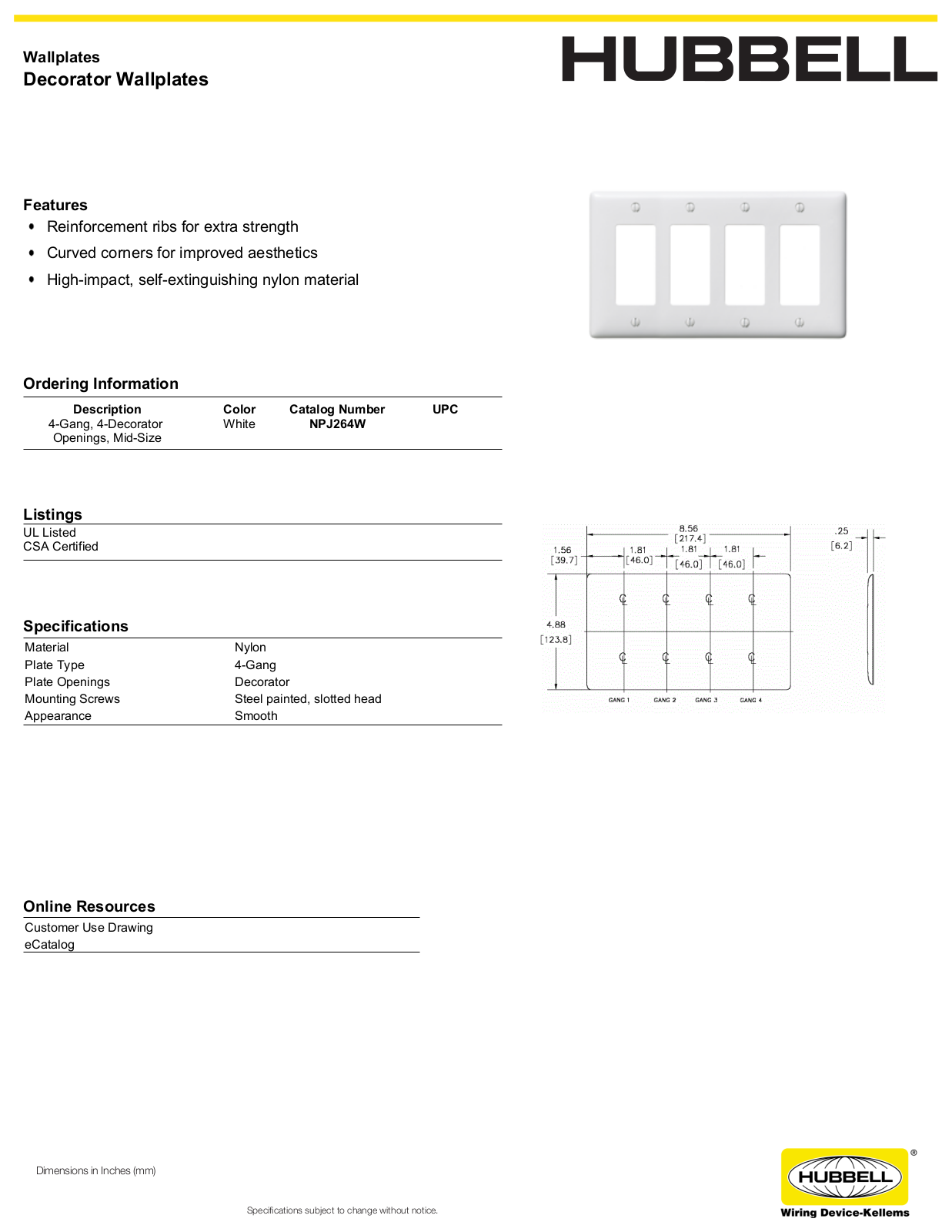 Hubbell NPJ264W Specifications