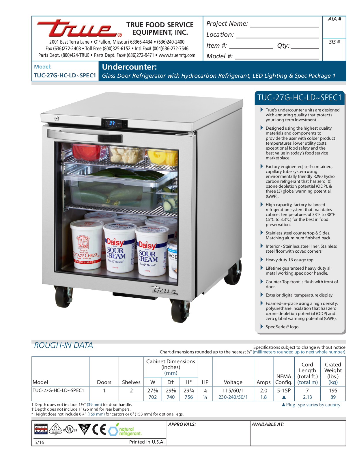 True Refrigeration TUC-27G-HC-LD User Manual