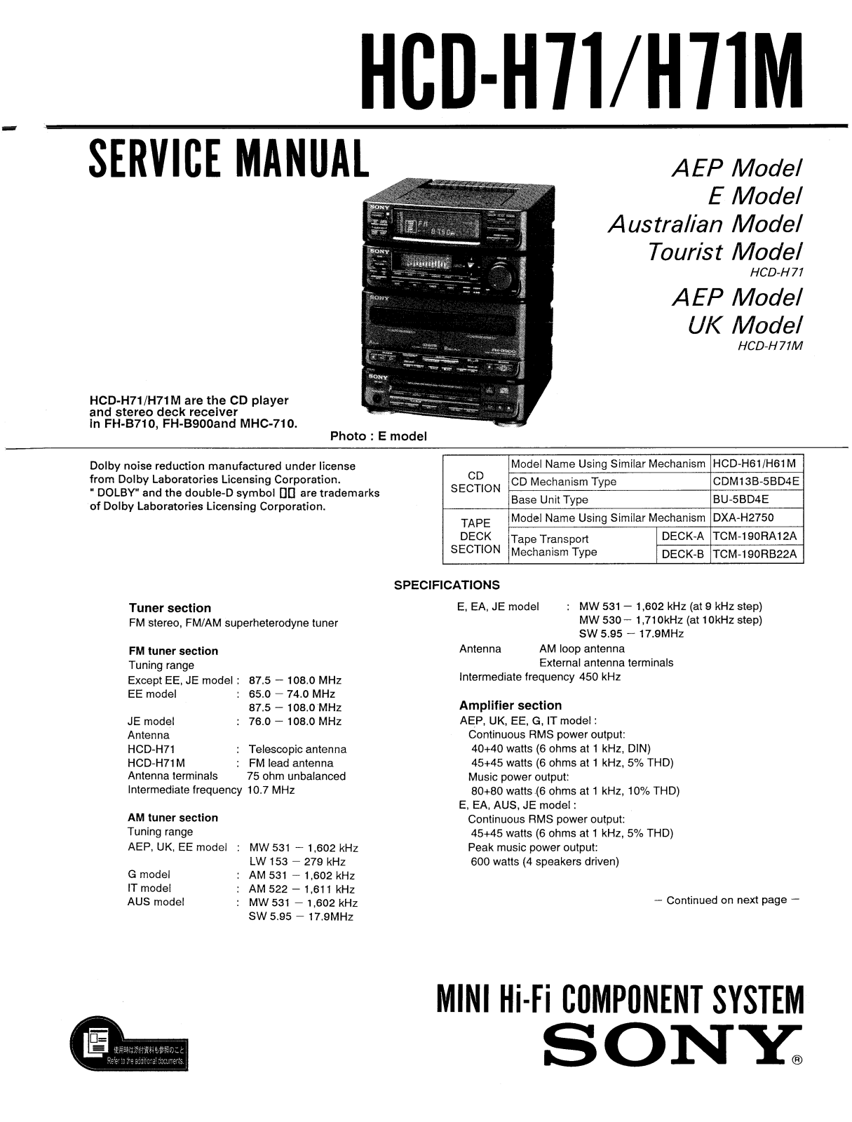 Sony HCDH-71, HCDH-71-M Service manual