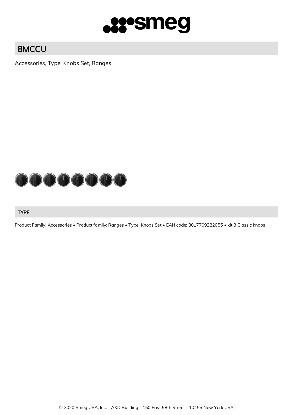 Smeg 8MCCU Product Information Sheet