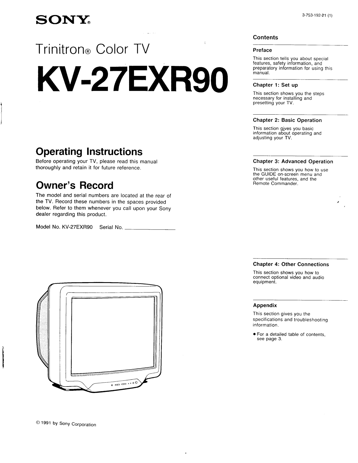 Sony KV-27EXR90 Operating Manual