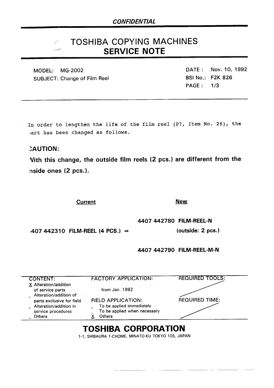 Toshiba f2k826 Service Note