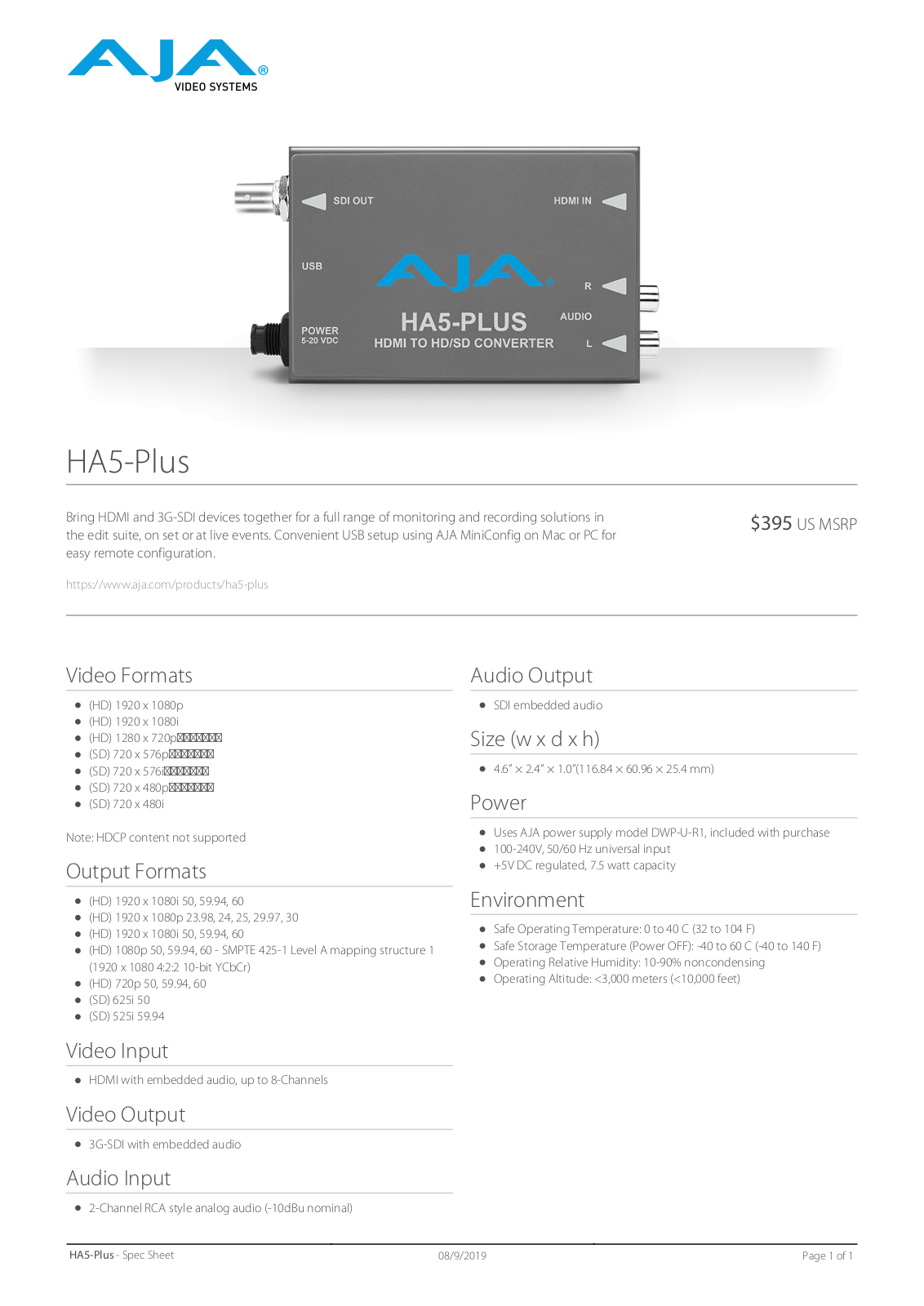 AJA HA5-PLUS Specifications