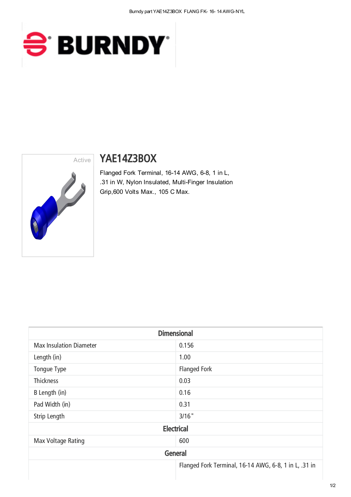 Burndy YAE14Z3BOX Data Sheet