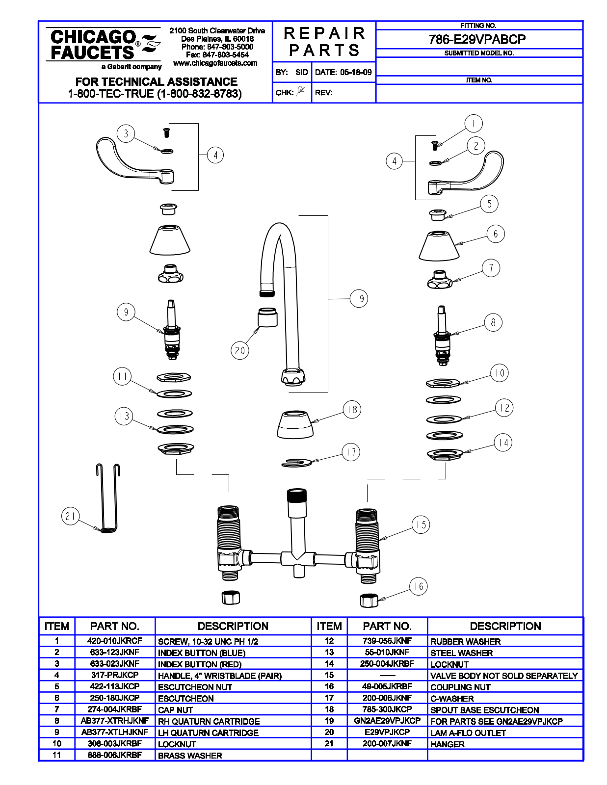 Chicago Faucet 786-E29VPAB Parts List