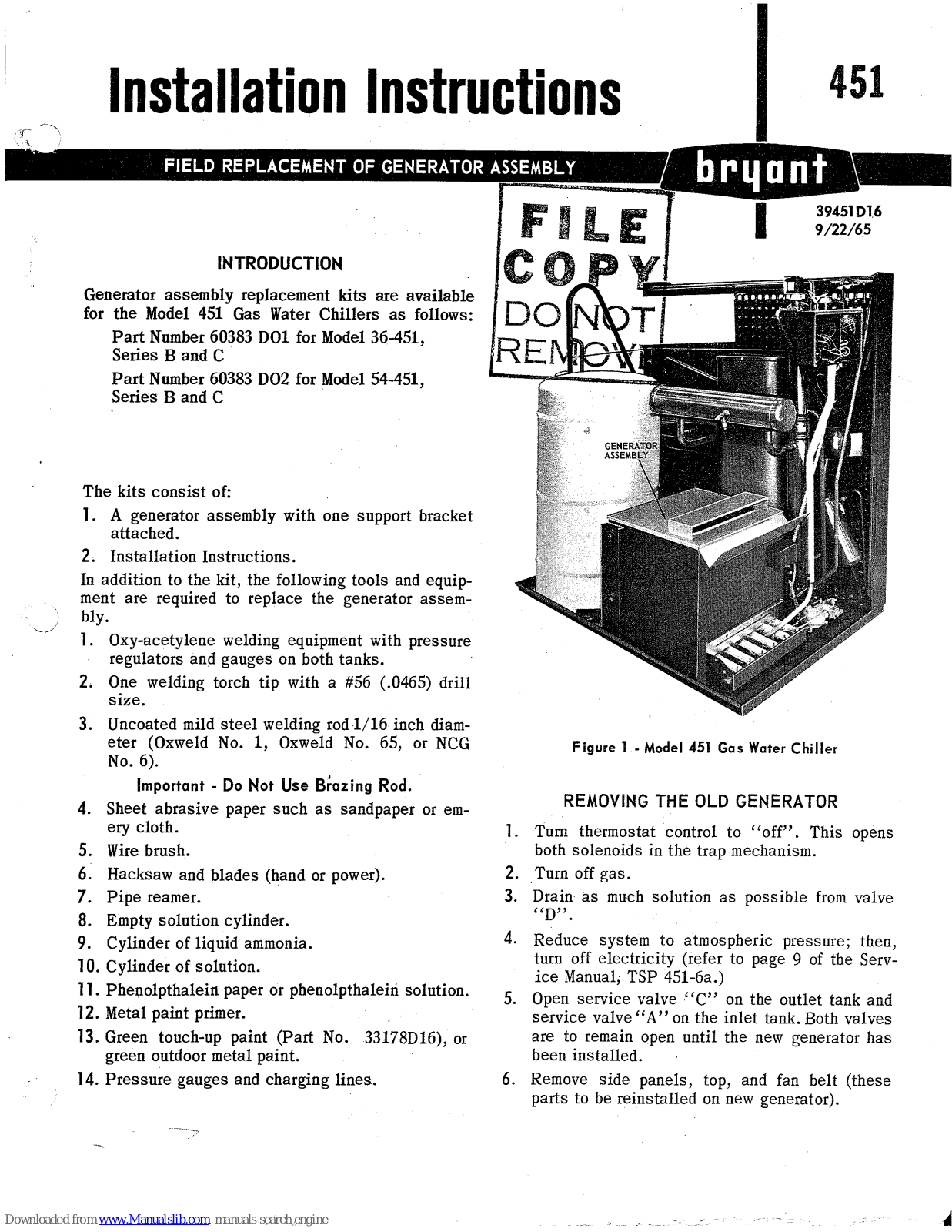 Bryant 451, 60383 DO1, 60383 DO2 Installation Instructions Manual