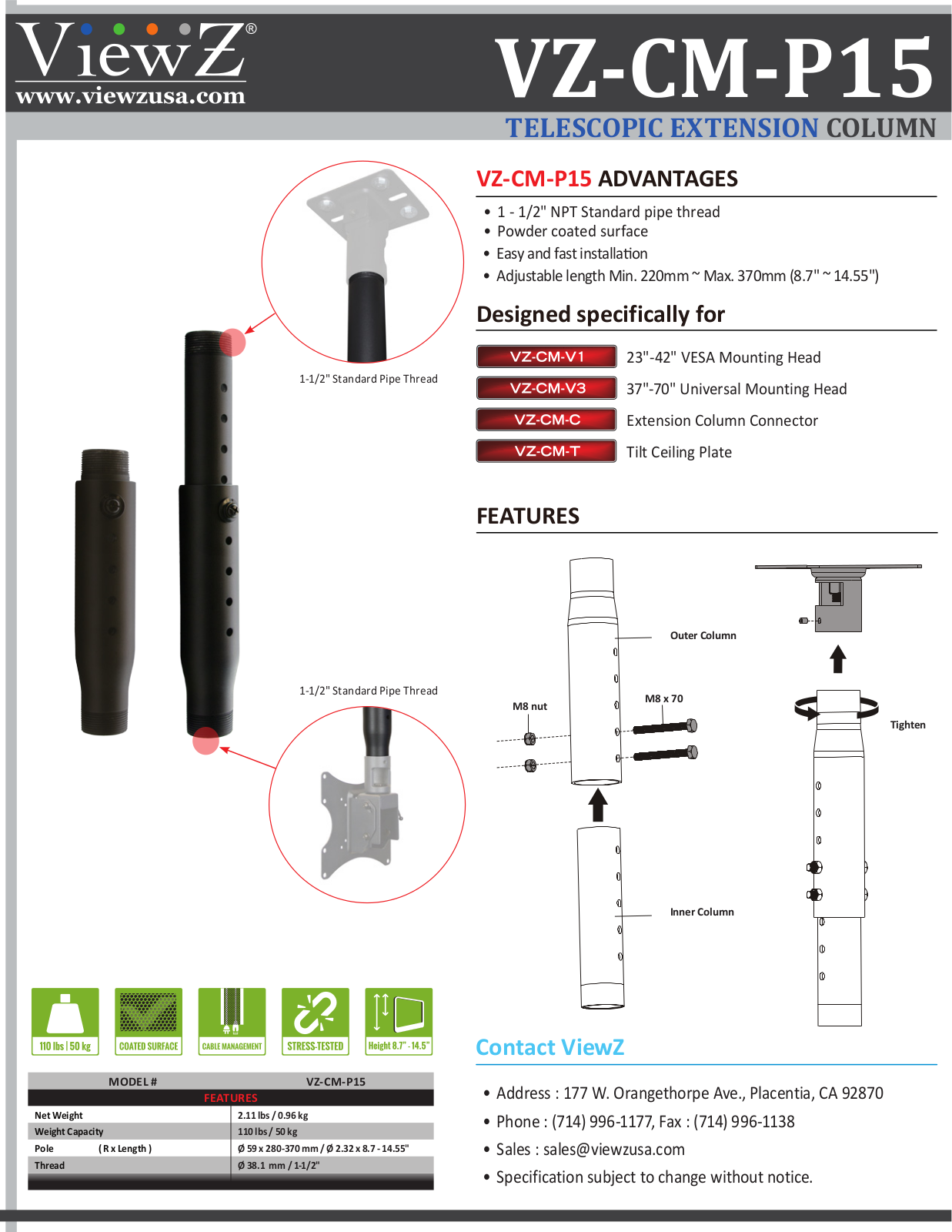 ViewZ VZ-CM-P15 Specsheet