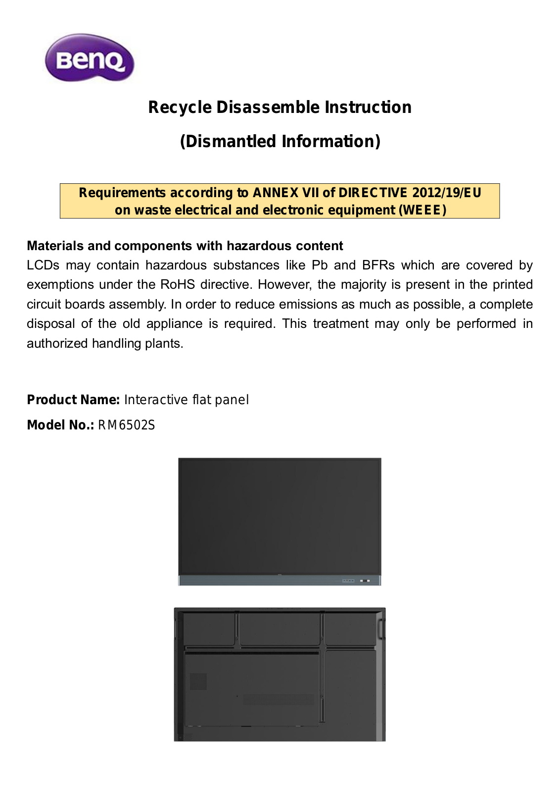Benq RM6502S, RM7502S, RM8602S User Manual