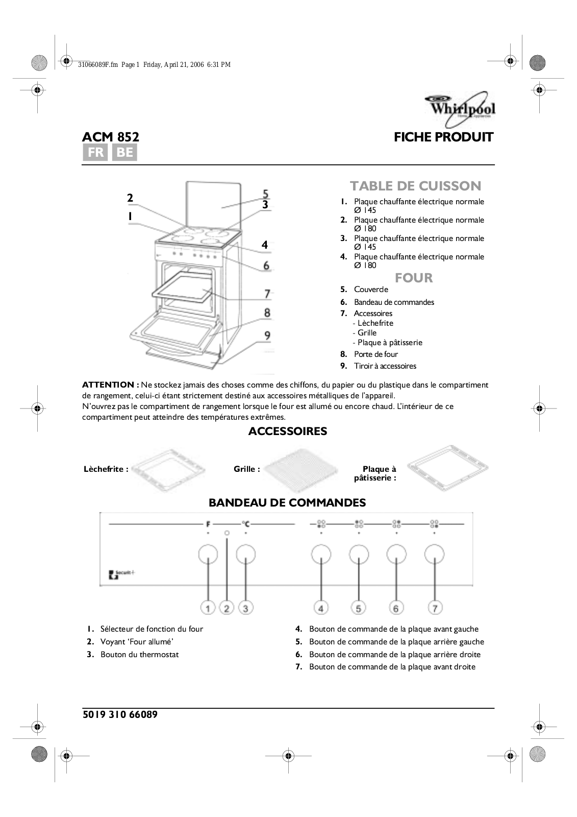 Whirlpool ACM 852 PROGRAM TABLE