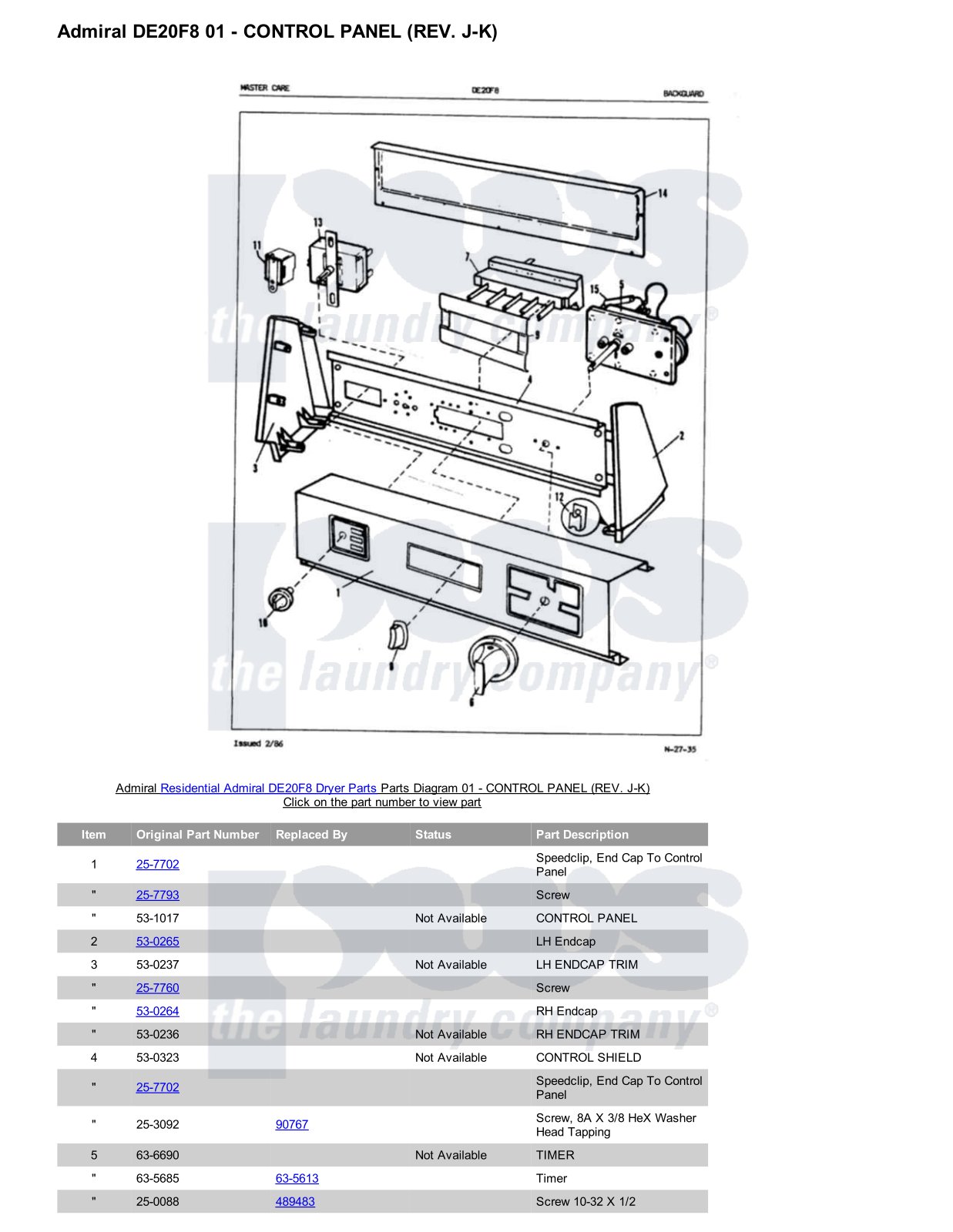 Admiral DE20F8 Parts Diagram