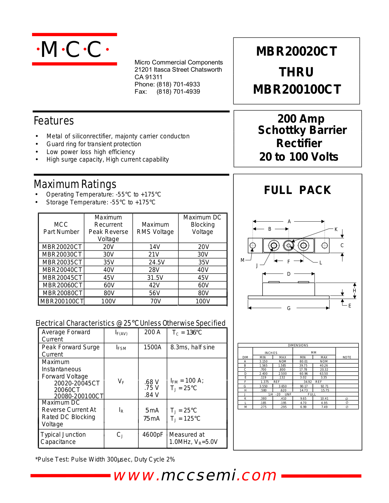 MCC MBR20030CT, MBR20035CT, MBR20020CT, MBR20045CT, MBR20060CT Datasheet