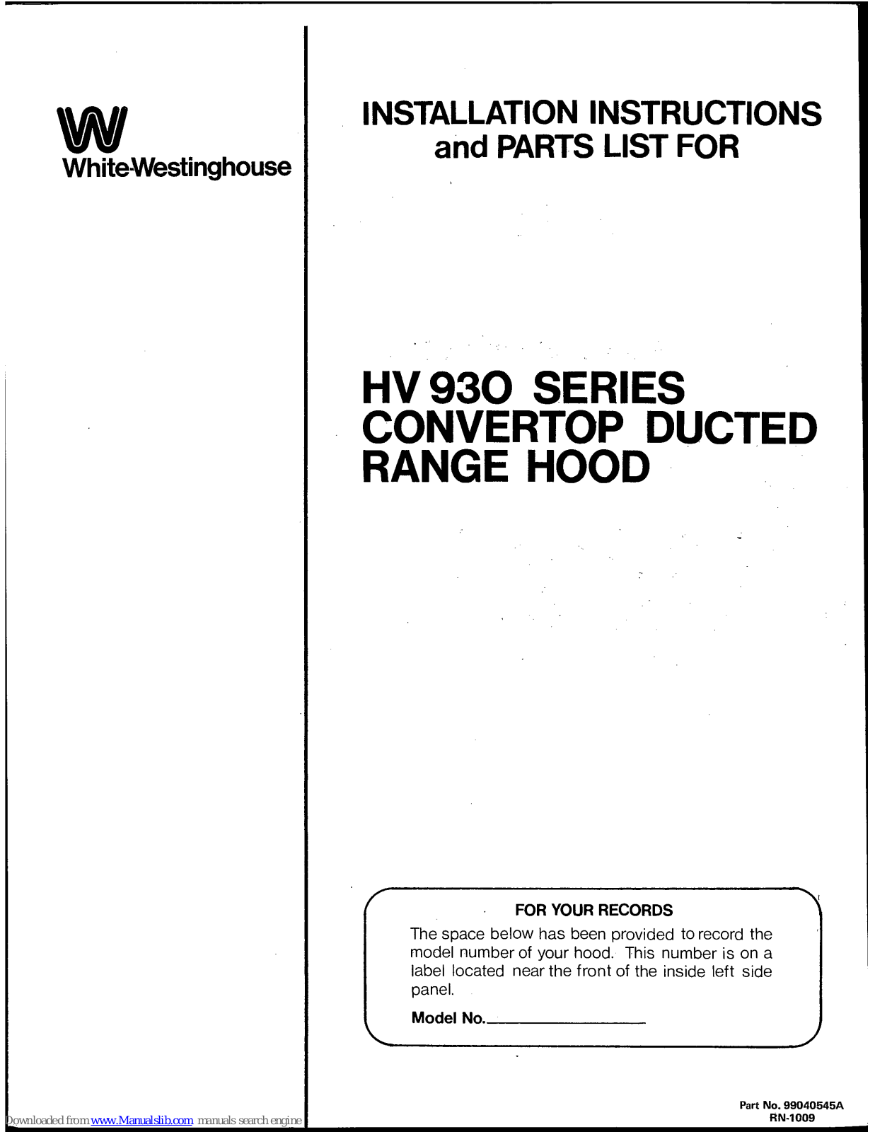 White-Westinghouse HV 930 Installation Instructions Manual