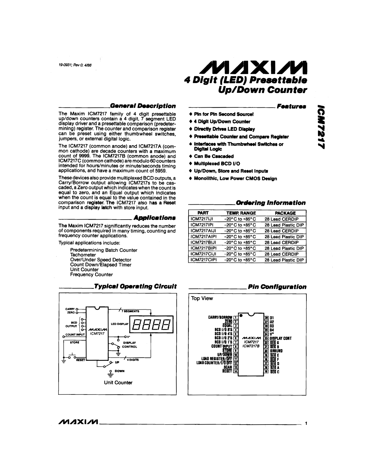 Maxim Integrated Producs ICM7217AIJI, ICM7217AIPI, ICM7217BIJI, ICM7217BIPI, ICM7217CIJI Datasheet