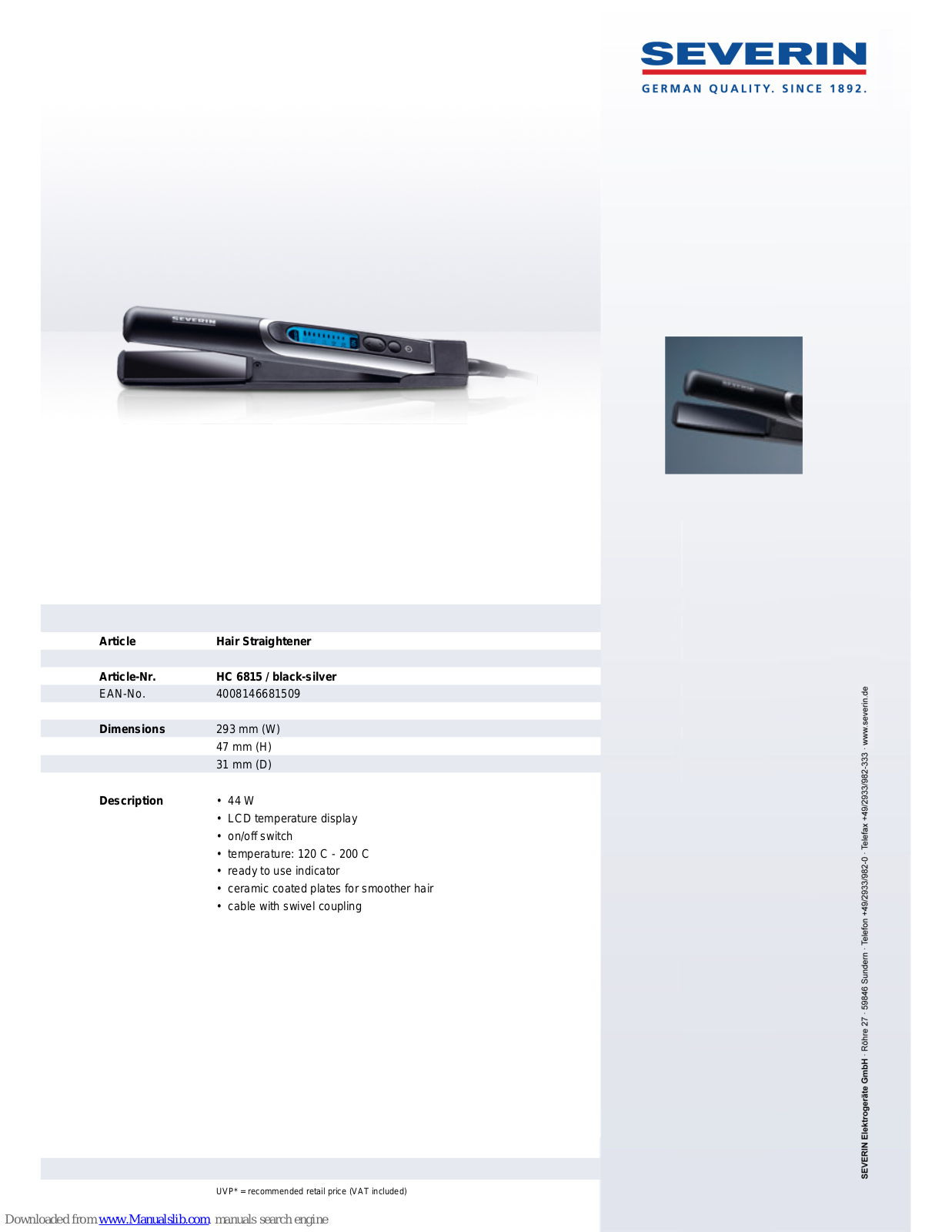 SEVERIN HC 6815,HC 6815 Dimensions