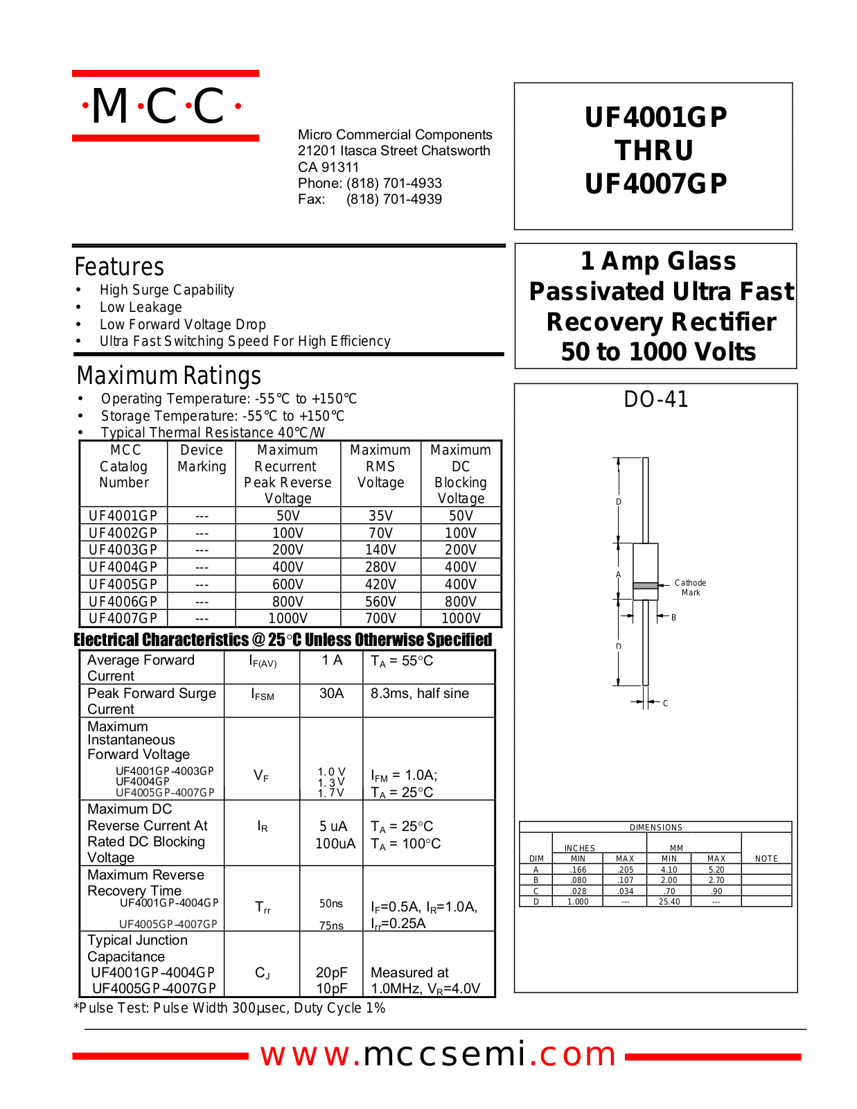 MCC UF4007GP, UF4005GP, UF4006GP, UF4004GP, UF4003GP Datasheet