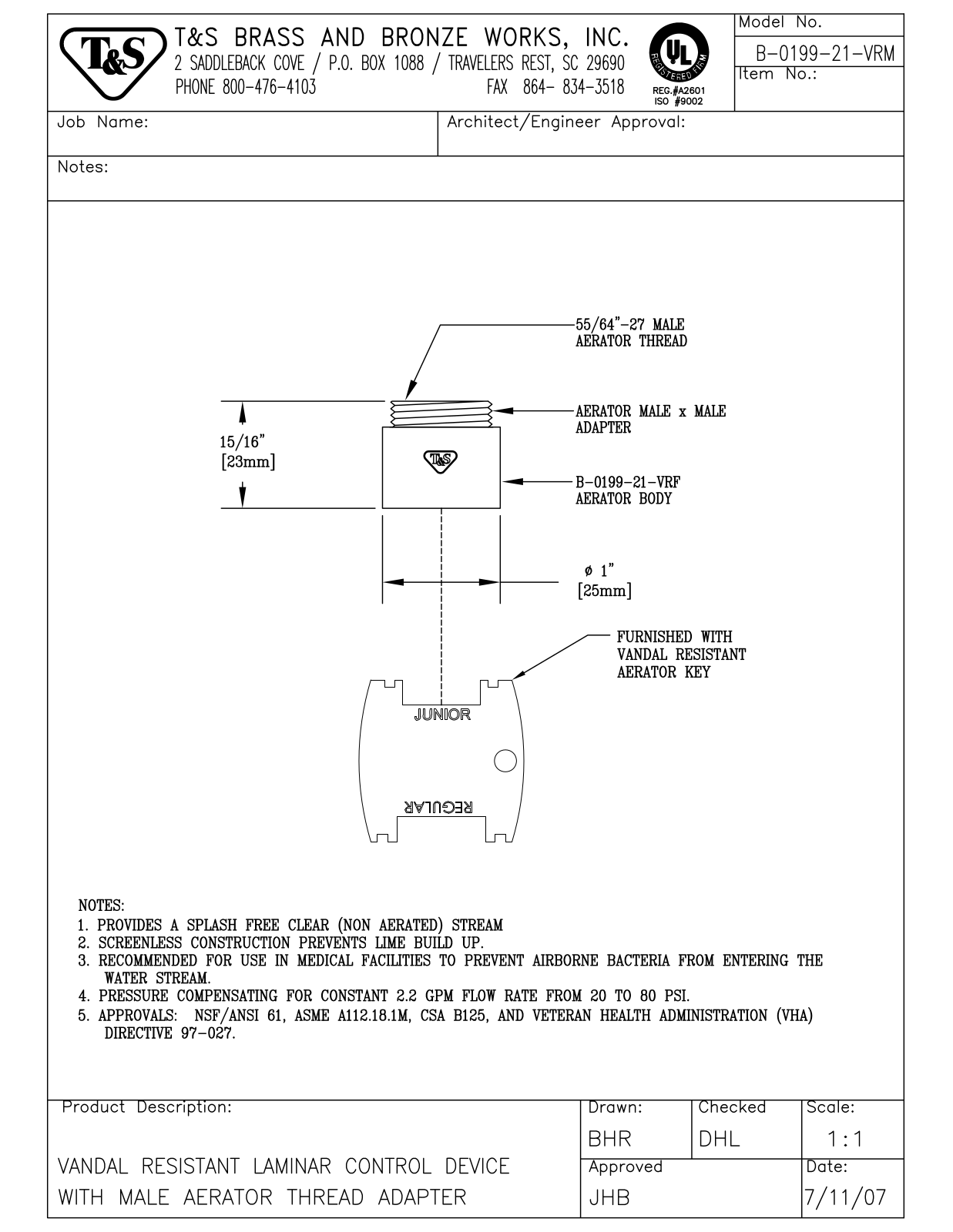 T&S Brass B-0199-21-VRM User Manual